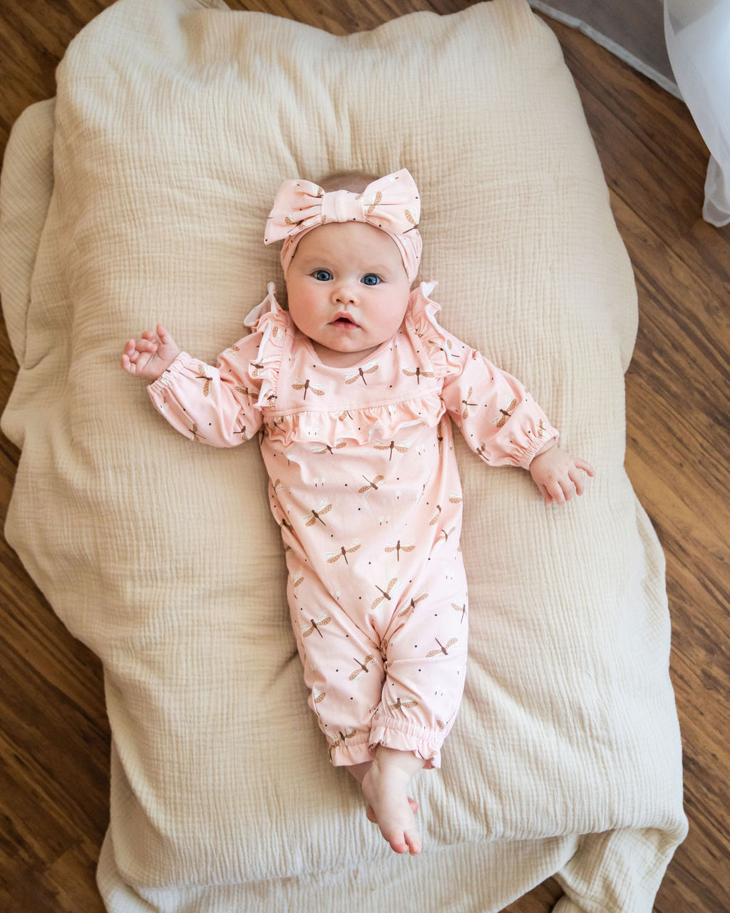 Dragonfly Ruffle Baby Jumpsuit Organic Jersey by Viverano Organics