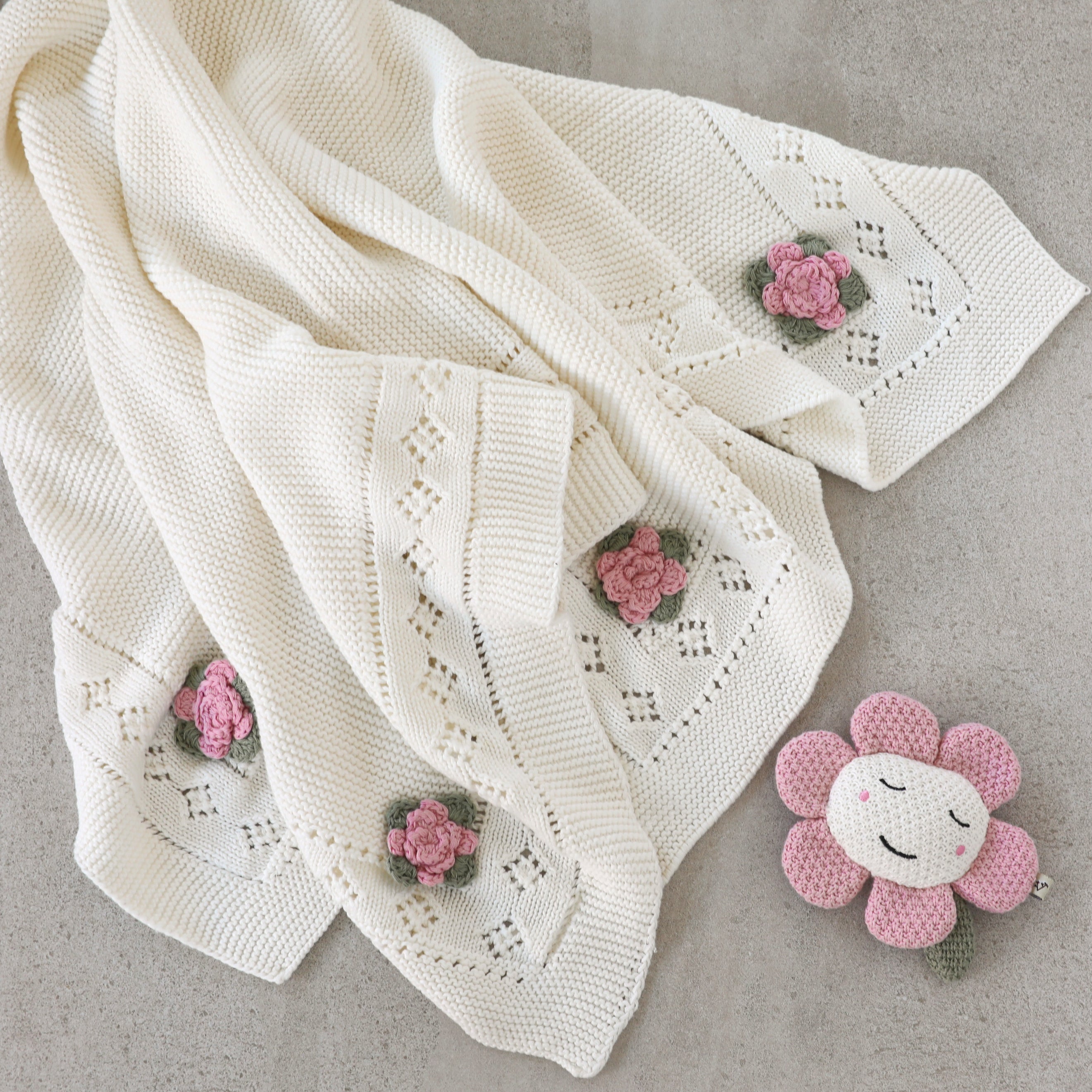 Flower Pointelle Knit Baby Blanket & Flower Rattle Toy Gift Set (Organic Cotton)