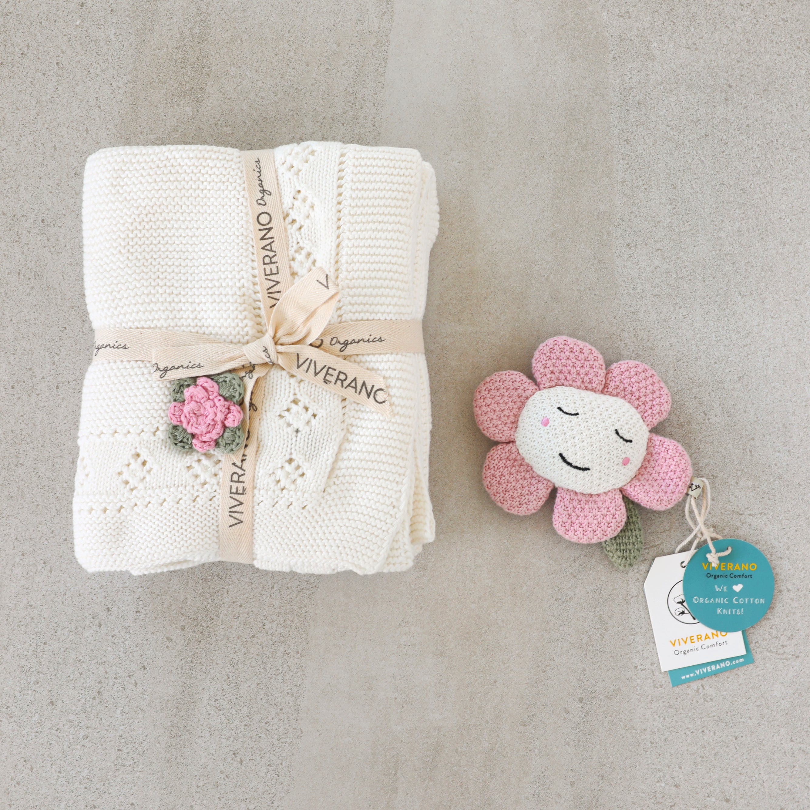 Flower Pointelle Knit Baby Blanket & Flower Rattle Toy Gift Set (Organic Cotton)