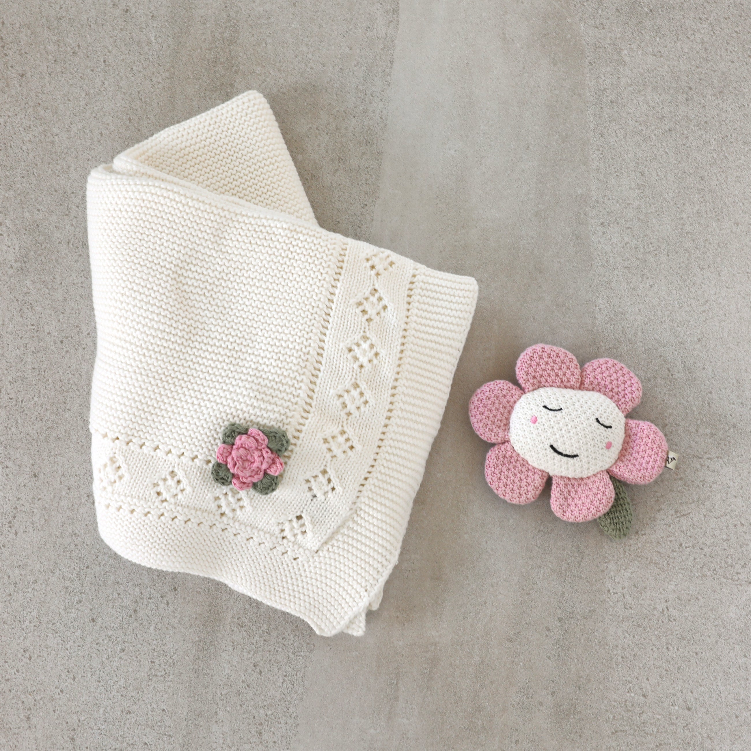 Flower Pointelle Knit Baby Blanket & Flower Rattle Toy Gift Set (Organic Cotton)