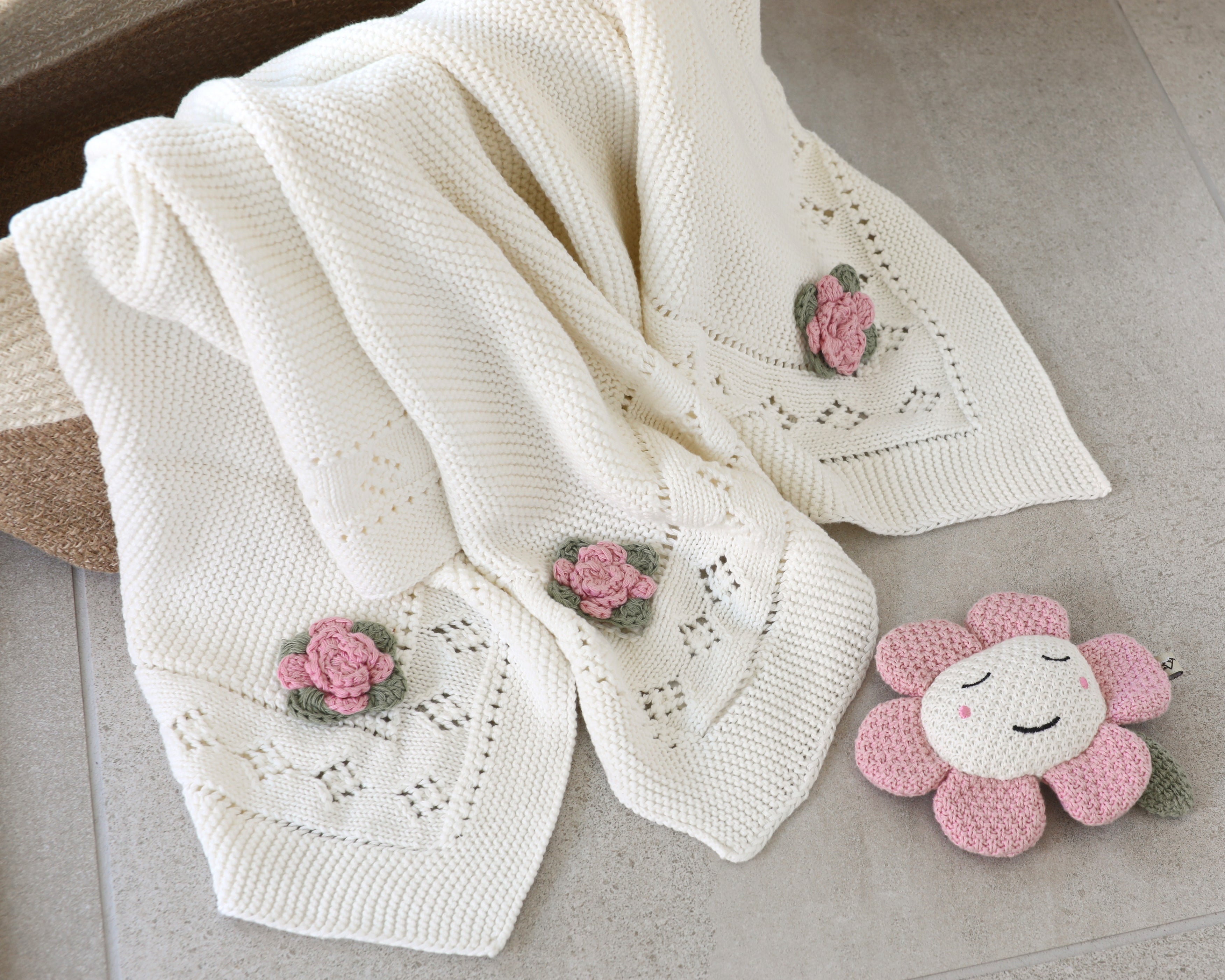 Flower Pointelle Knit Baby Blanket & Flower Rattle Toy Gift Set (Organic Cotton)