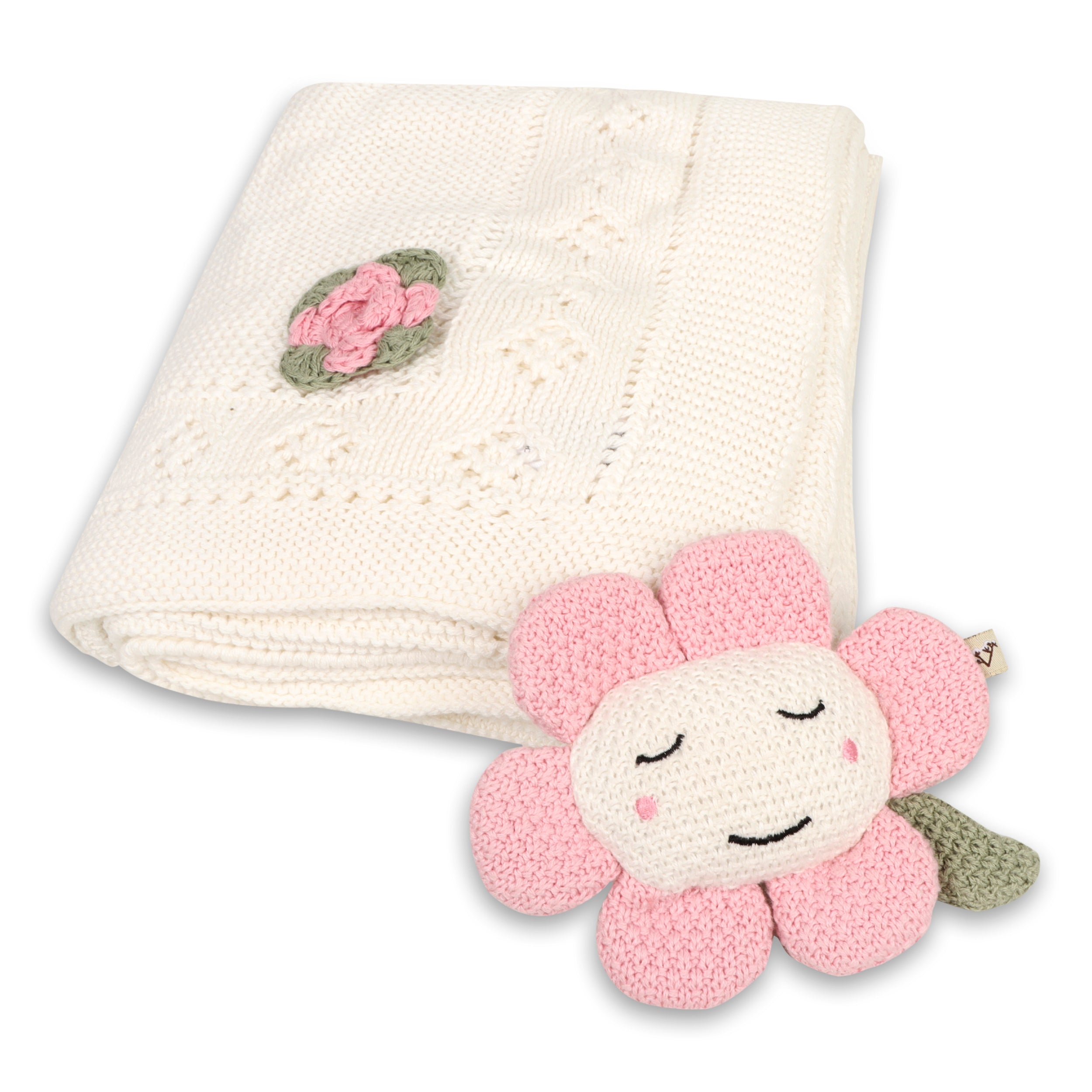 Flower Pointelle Knit Baby Blanket & Flower Rattle Toy Gift Set (Organic Cotton)