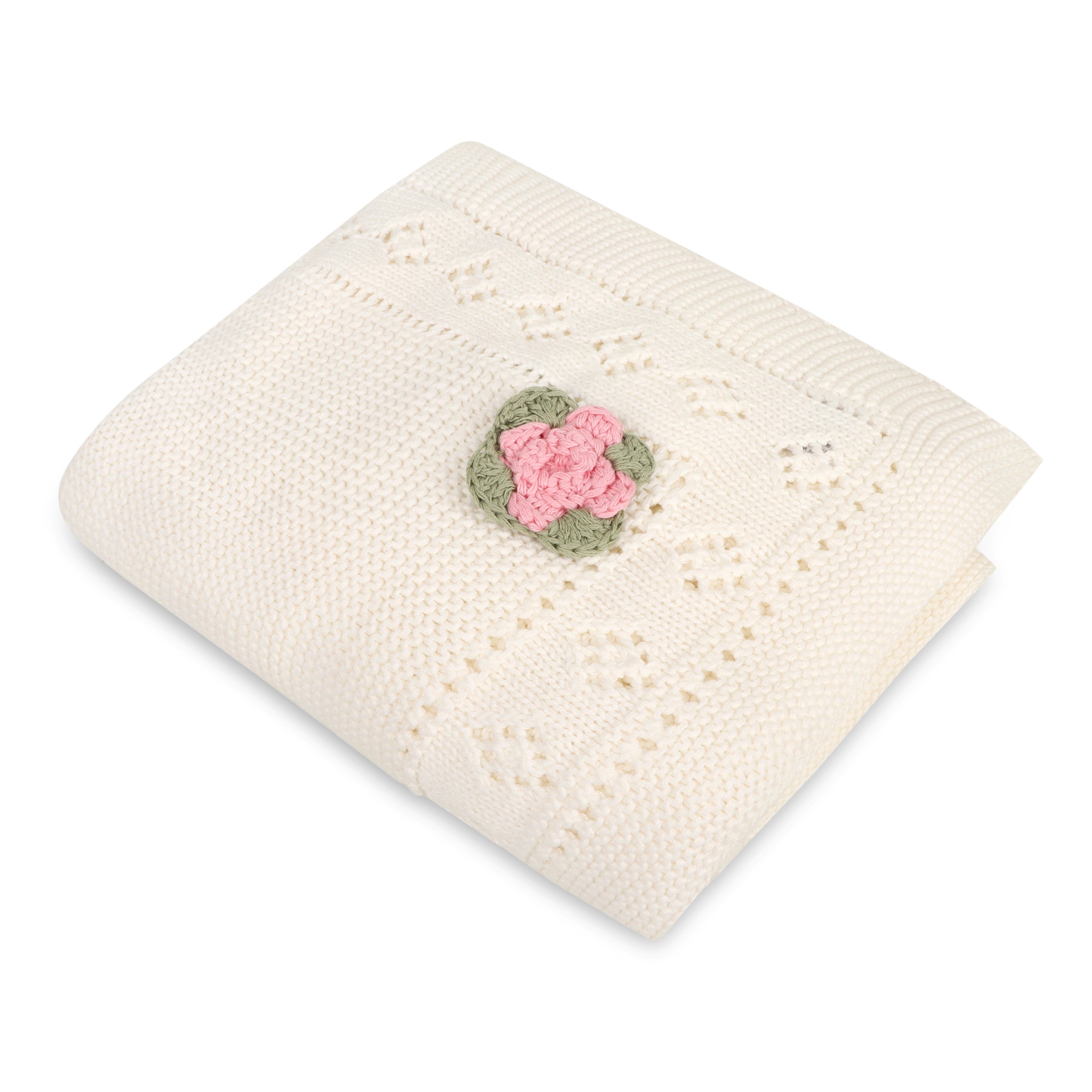 Flower Pointelle Knit Baby Blanket & Flower Rattle Toy Gift Set (Organic Cotton)