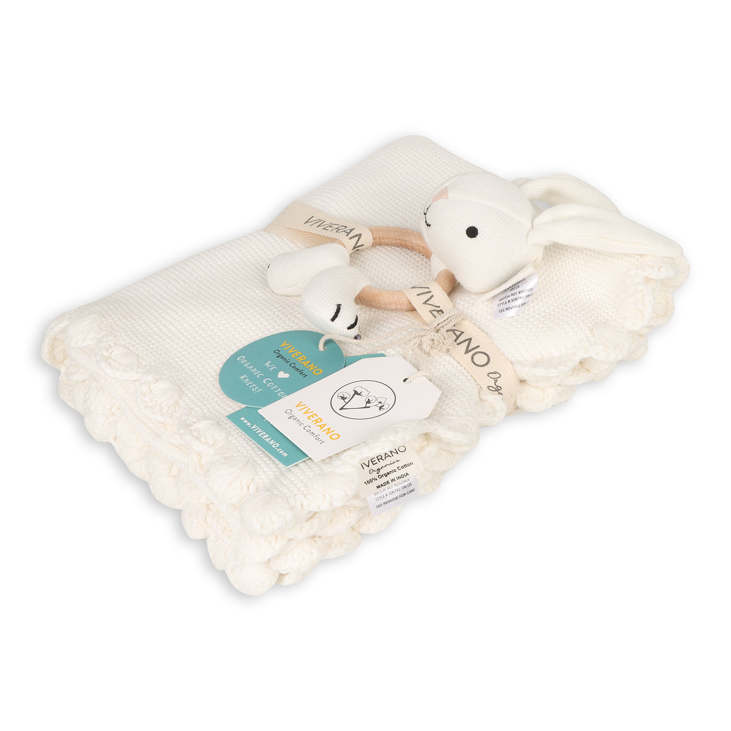 Scallop Edge Classic Knit Baby Blanket + Bunny Rattle Gift Set (Organic Cotton)