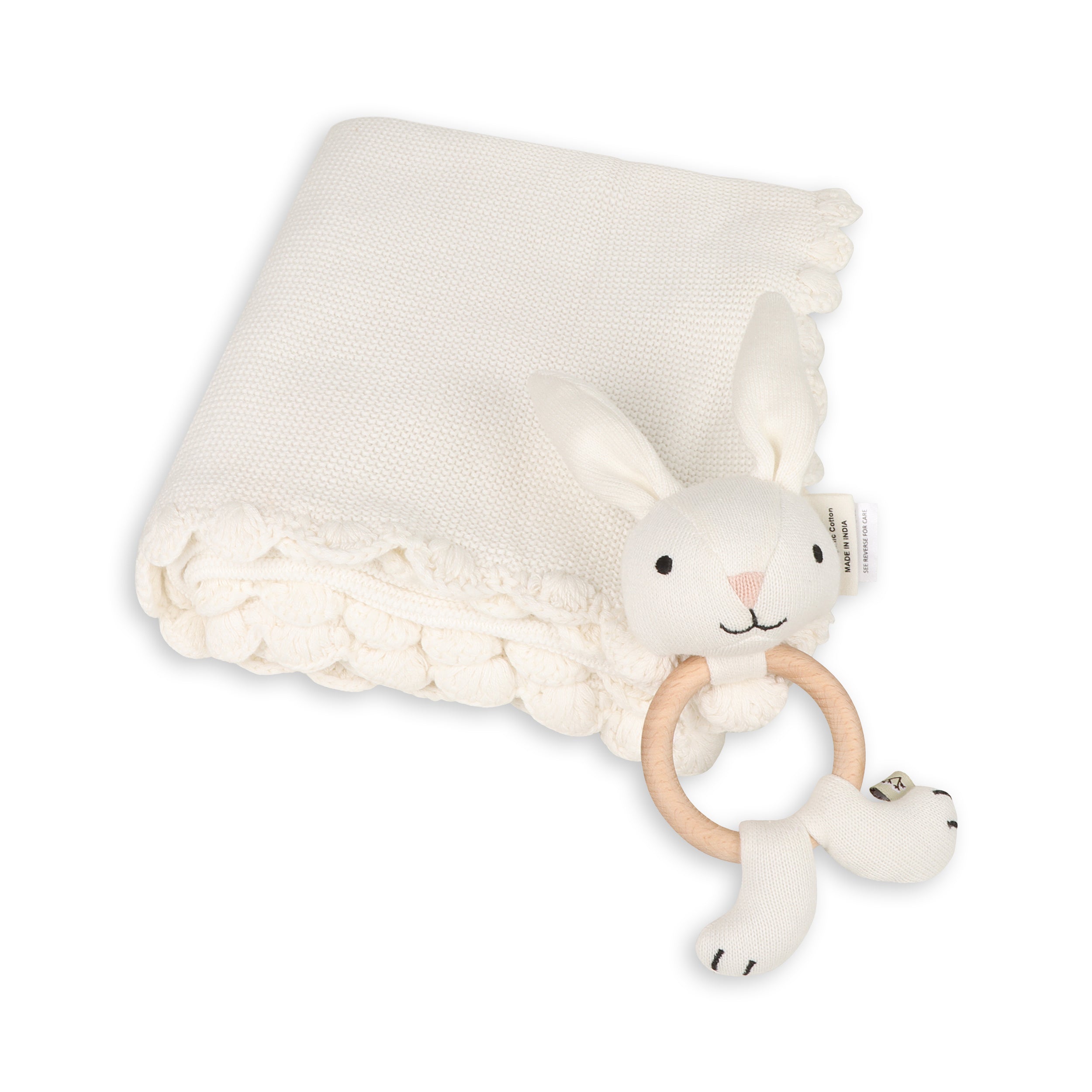 Scallop Edge Classic Knit Baby Blanket + Bunny Rattle Gift Set (Organic Cotton)