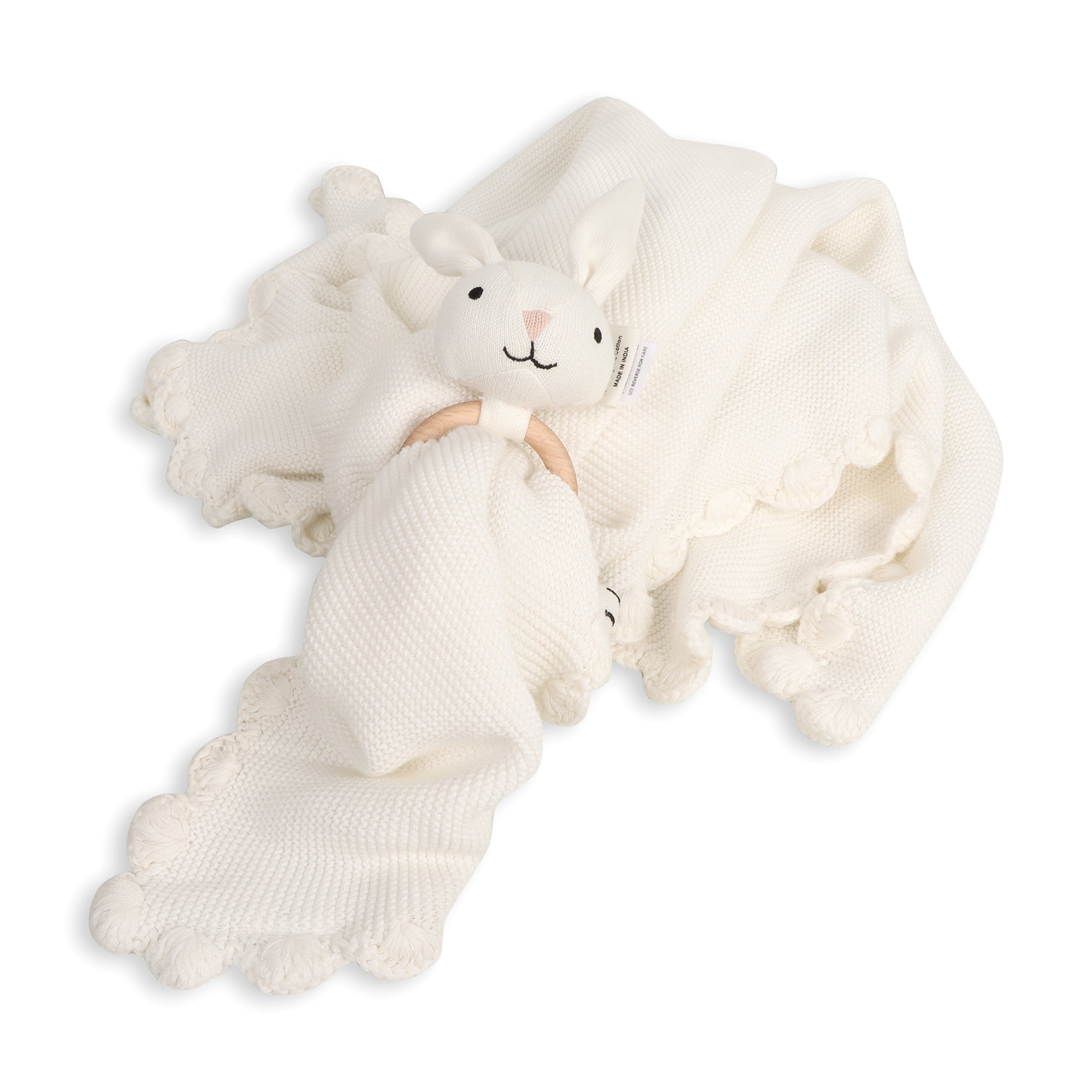 Scallop Edge Classic Knit Baby Blanket + Bunny Rattle Gift Set (Organic Cotton)