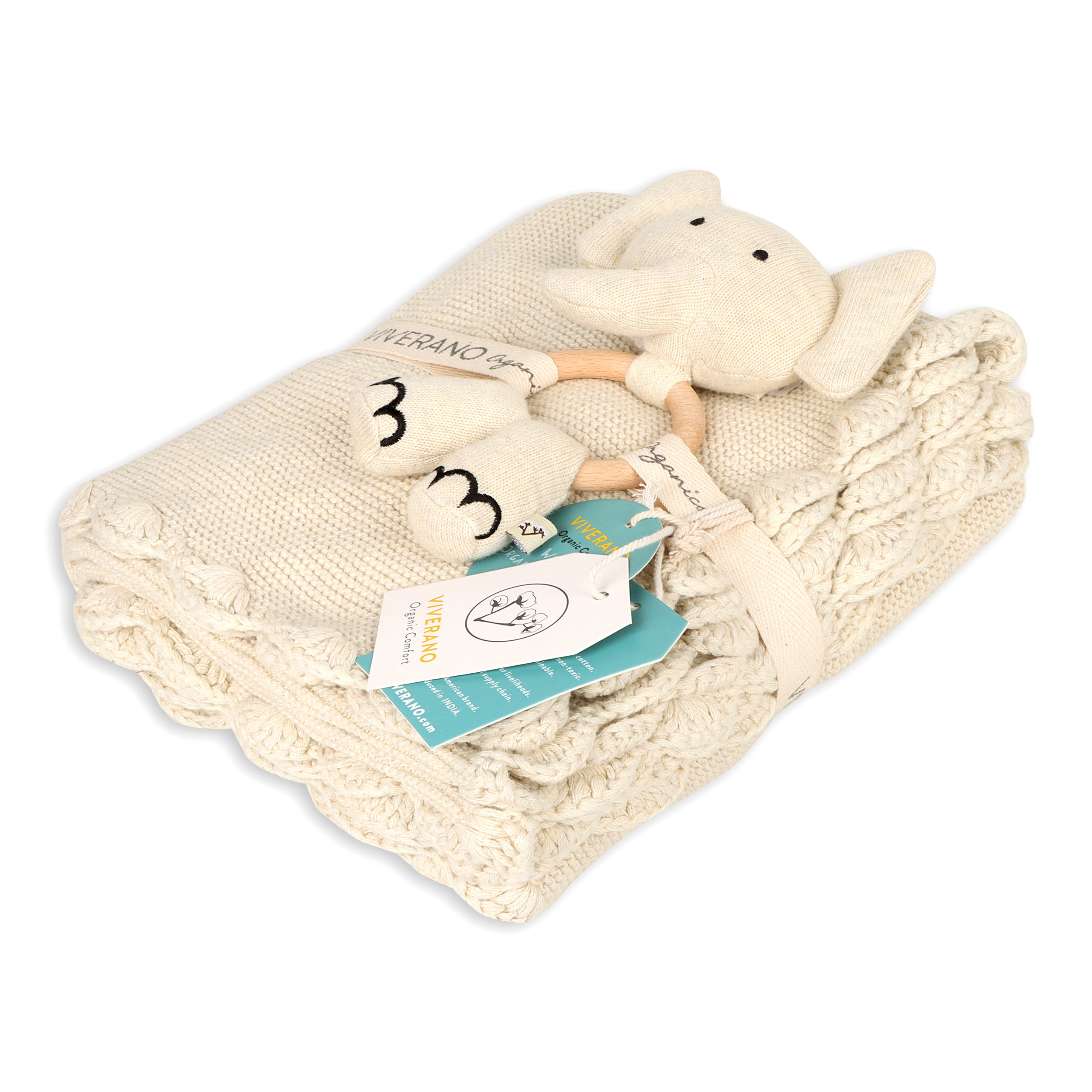 Scallop Edge Classic Knit Baby Blanket + Elephant Rattle Gift Set (Organic Cotton)