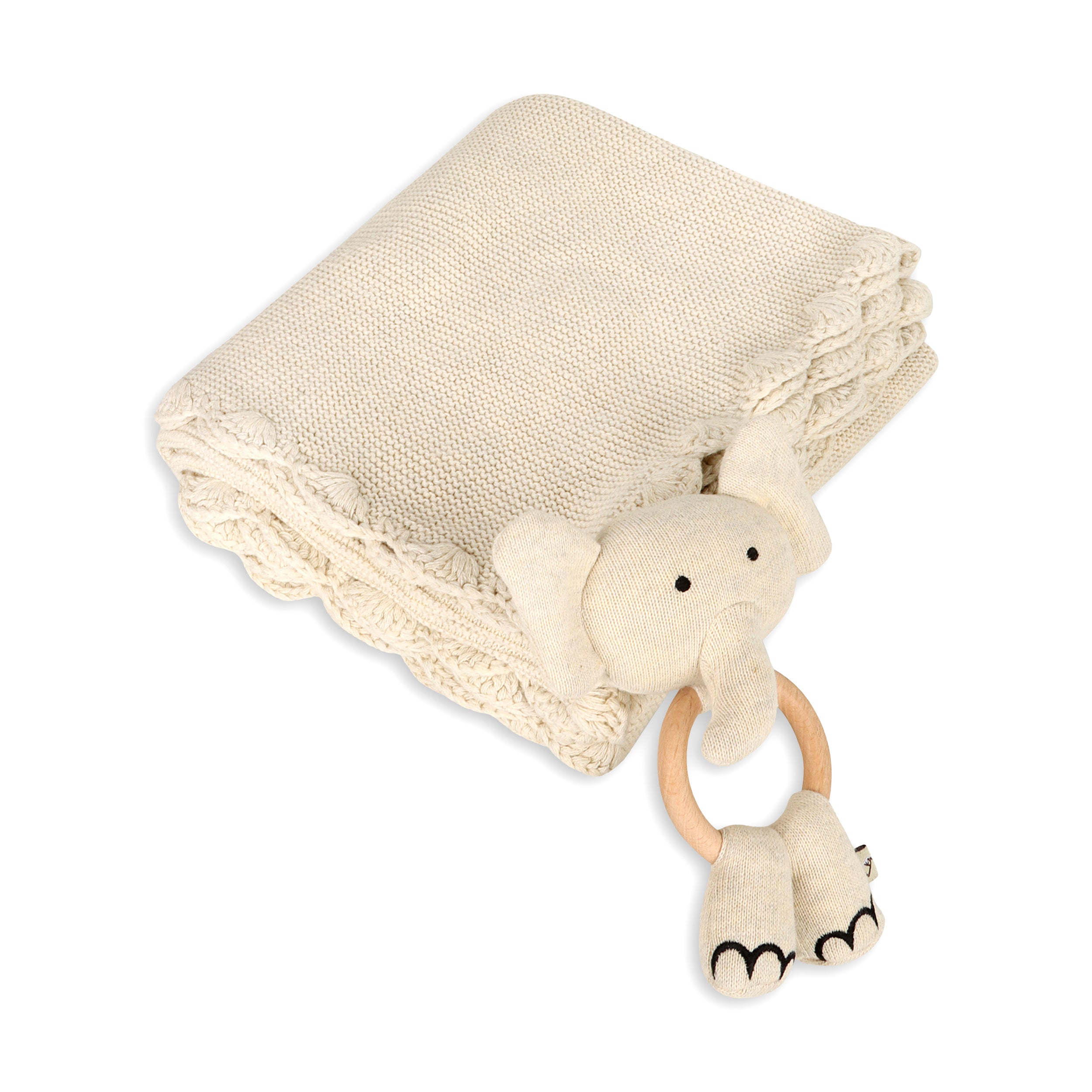 Scallop Edge Classic Knit Baby Blanket + Elephant Rattle Gift Set (Organic Cotton)