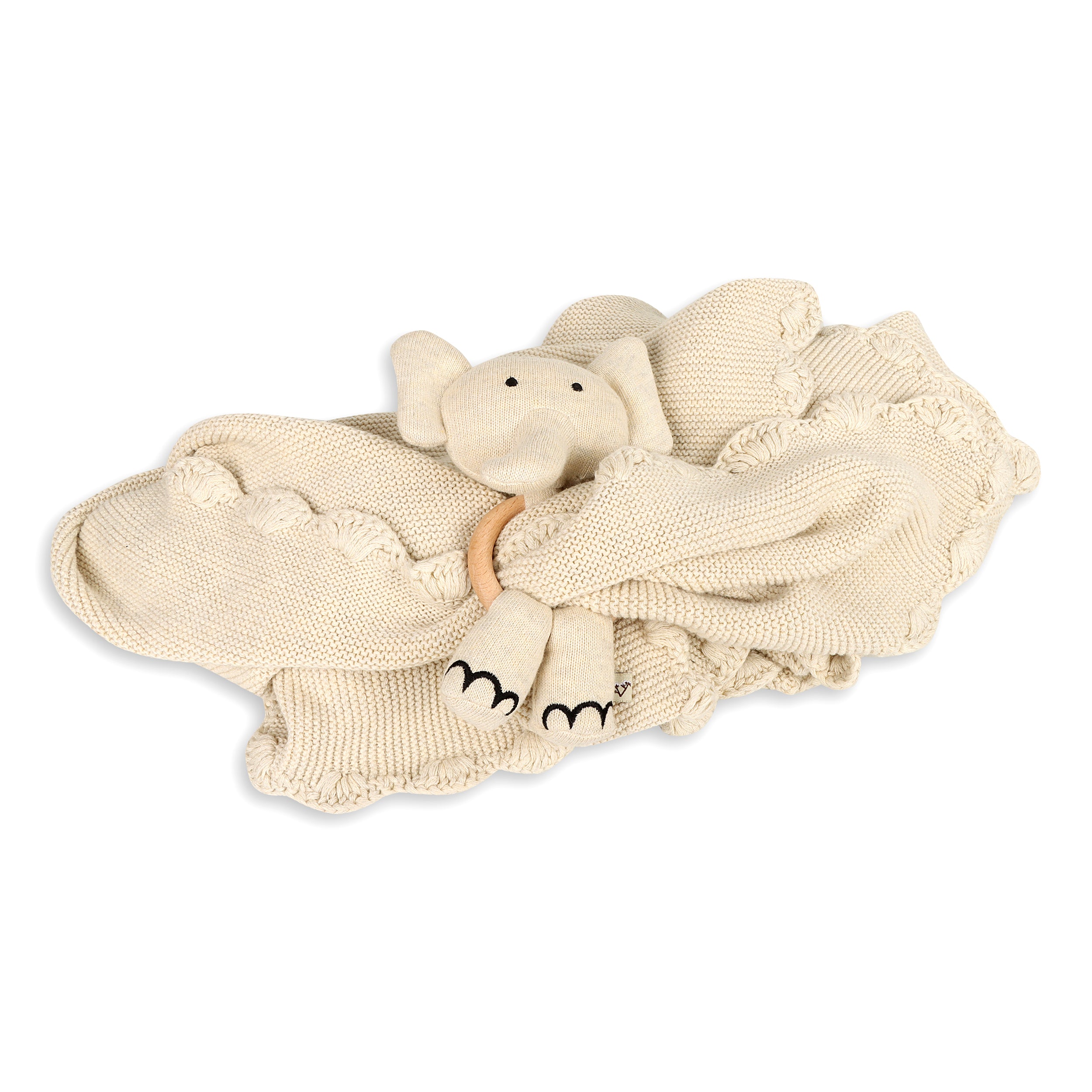 Scallop Edge Classic Knit Baby Blanket + Elephant Rattle Gift Set (Organic Cotton)