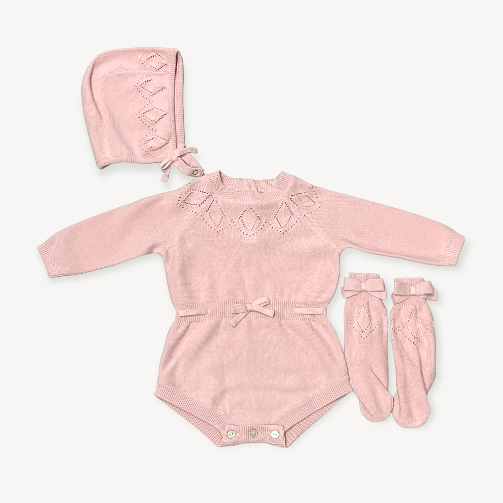 Milan Pointelle Knit Baby Girl Bodysuit/Hat/Socks (3pc SET) - 2 Colors