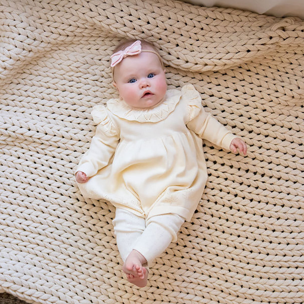 Milan Ruffle Collar Pointelle Knit Baby Sweater Dress (Organic Cotton)