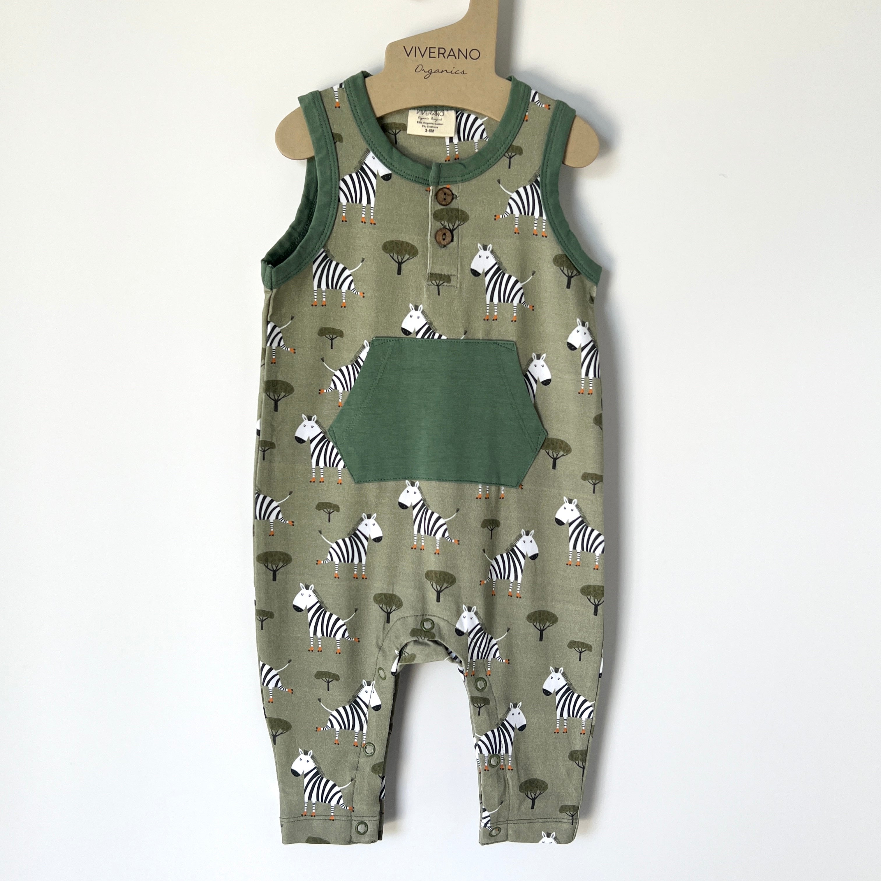 Skater Zebra Sleeveless Kangaroo Baby Jumpsuit (Organic Jersey)