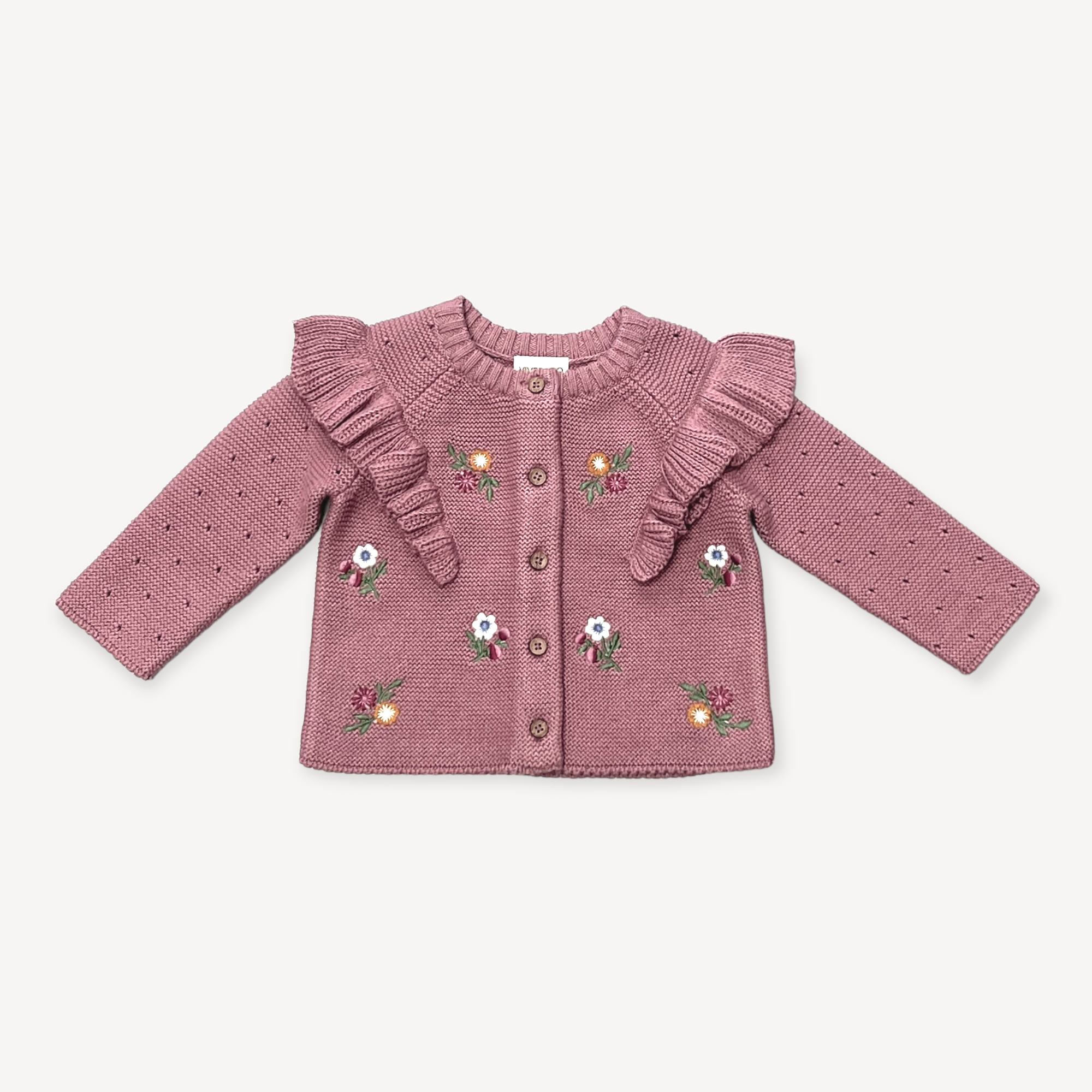 Floral Embroidered Ruffle Chunky Knit Baby Cardigan- Organic