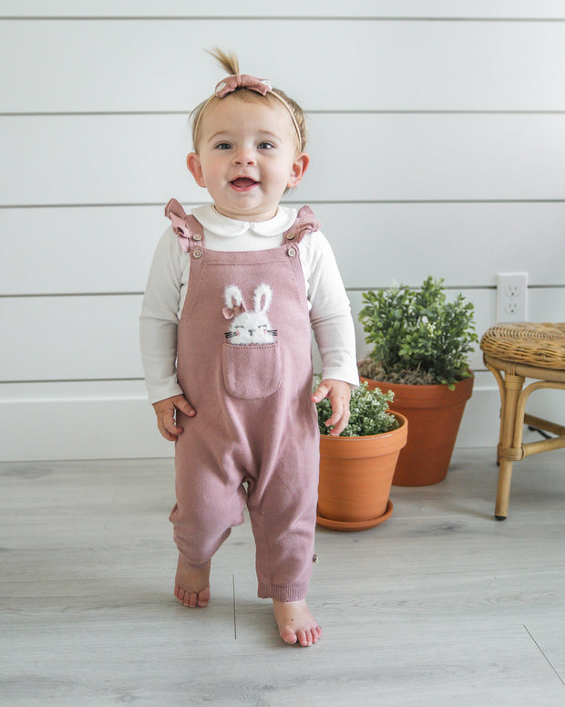 Bunny Peekaboo Ruffle Baby Girl Knit Overall Set (Organic) – Viverano