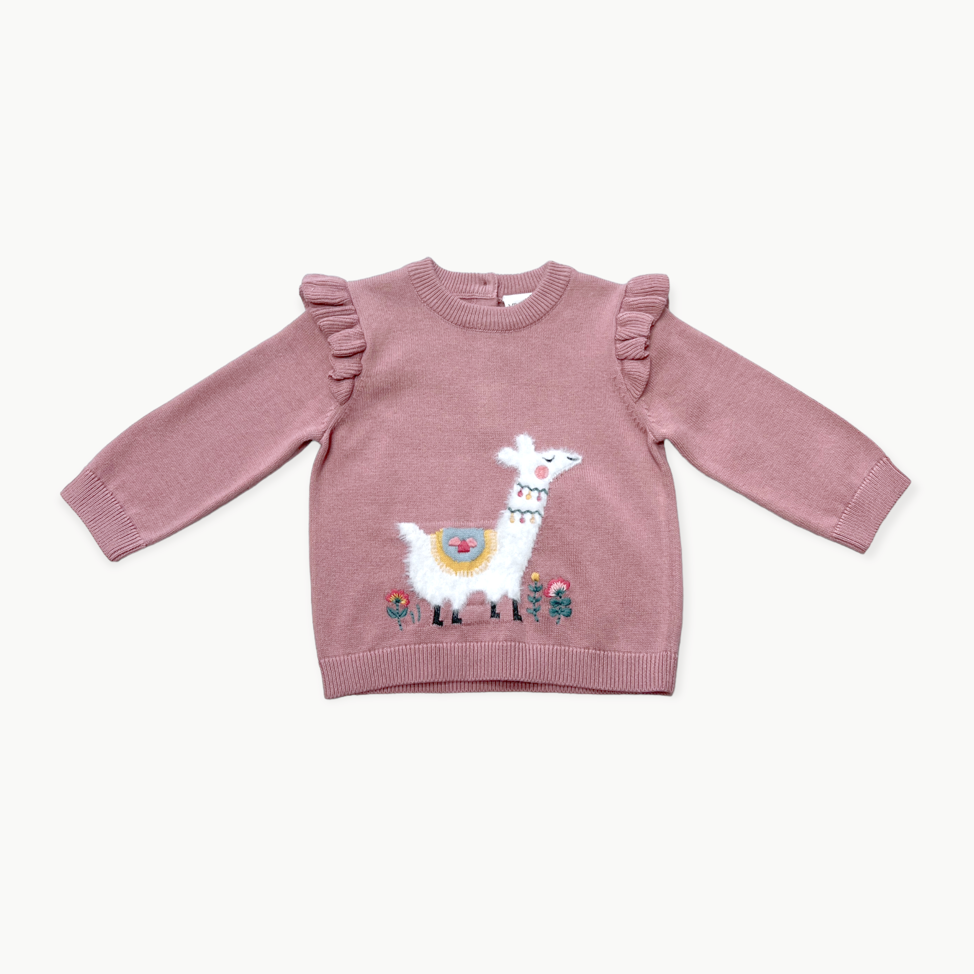 Llama Ruffle Baby Girl Pullover Sweater (Organic Cotton)