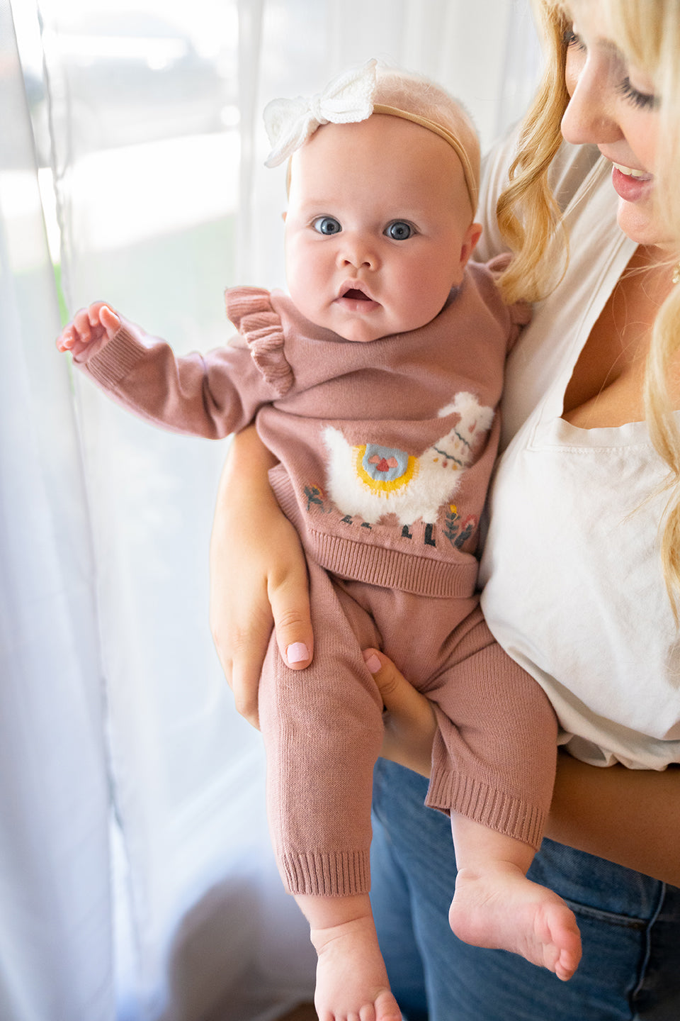 Viverano Llama Ruffle Baby Girl Pullover Sweater Pants Set Organic Cotton Vintage Rose 12 18M