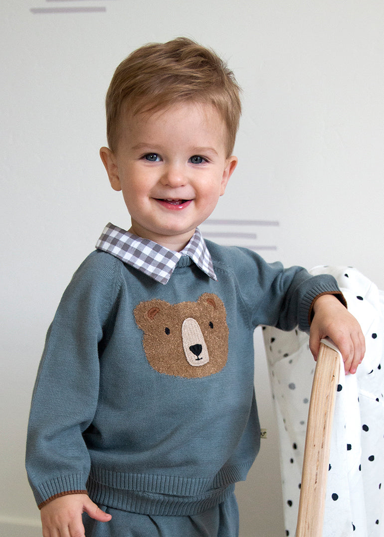 Bear Check Collar Pullover Baby Sweater (Organic Cotton)