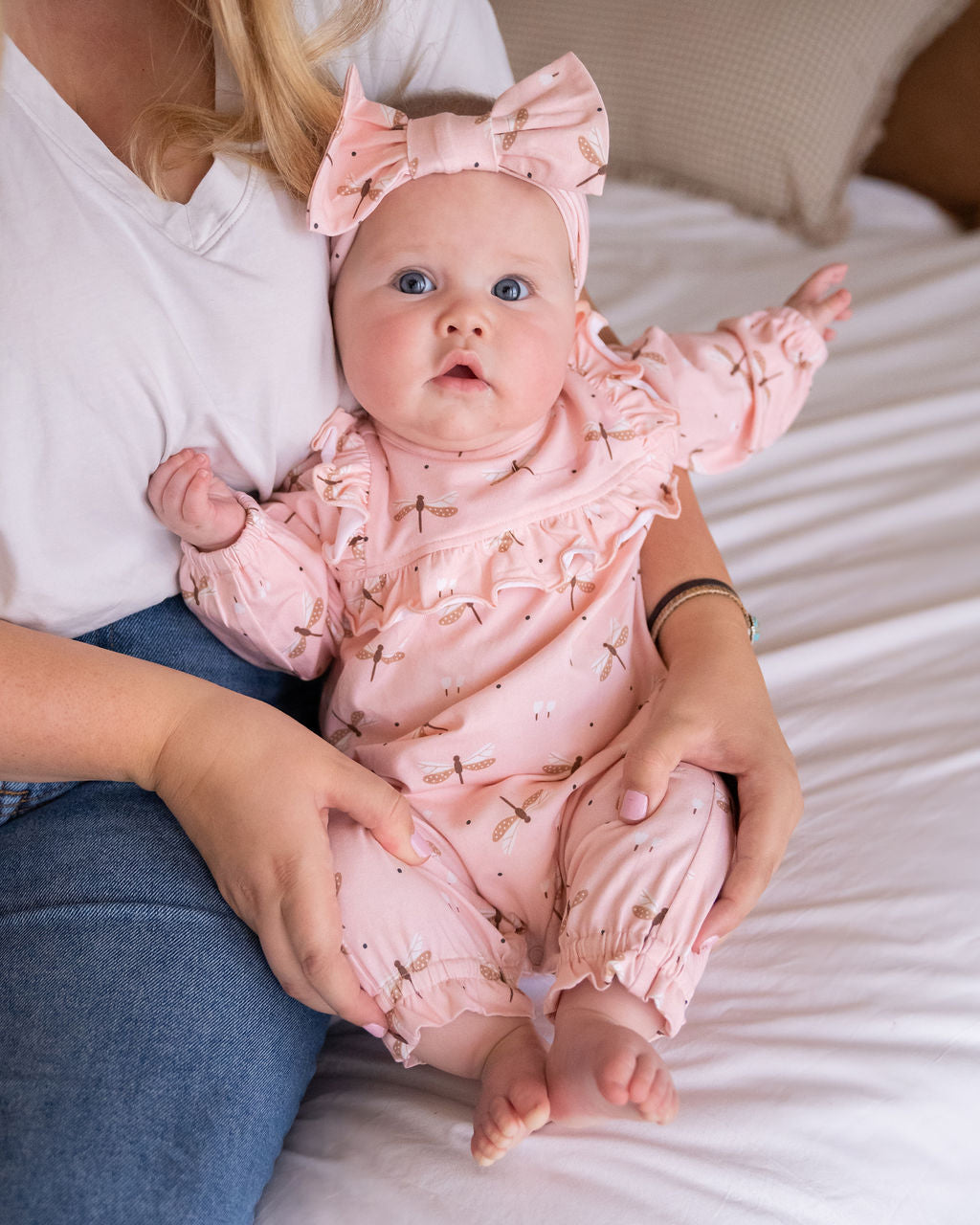 Dragonfly Ruffle Baby Jumpsuit Organic Jersey by Viverano Organics