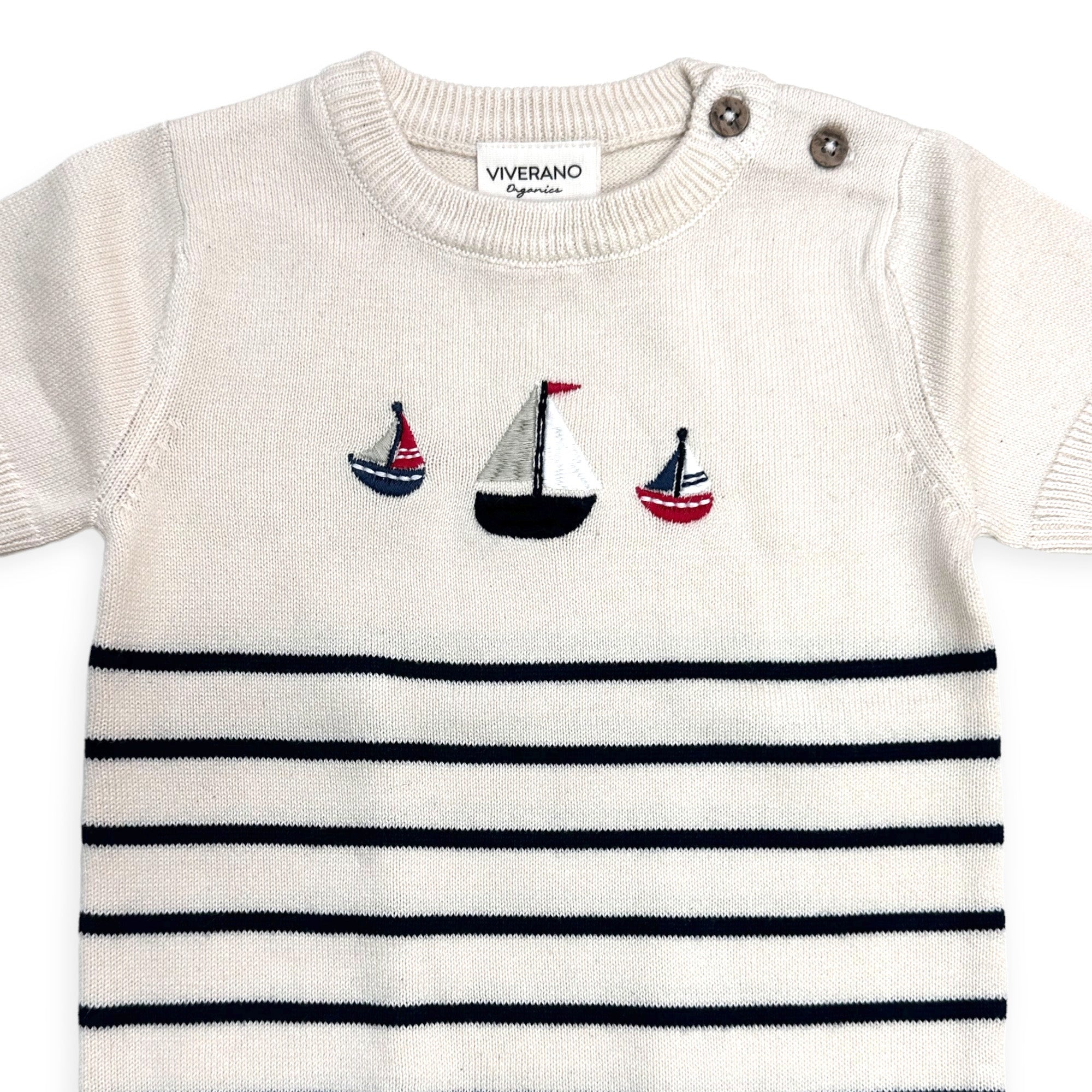 Sailboat Embroidered Knit Short Sleeve Baby Jumpsuit (Organic Cotton)