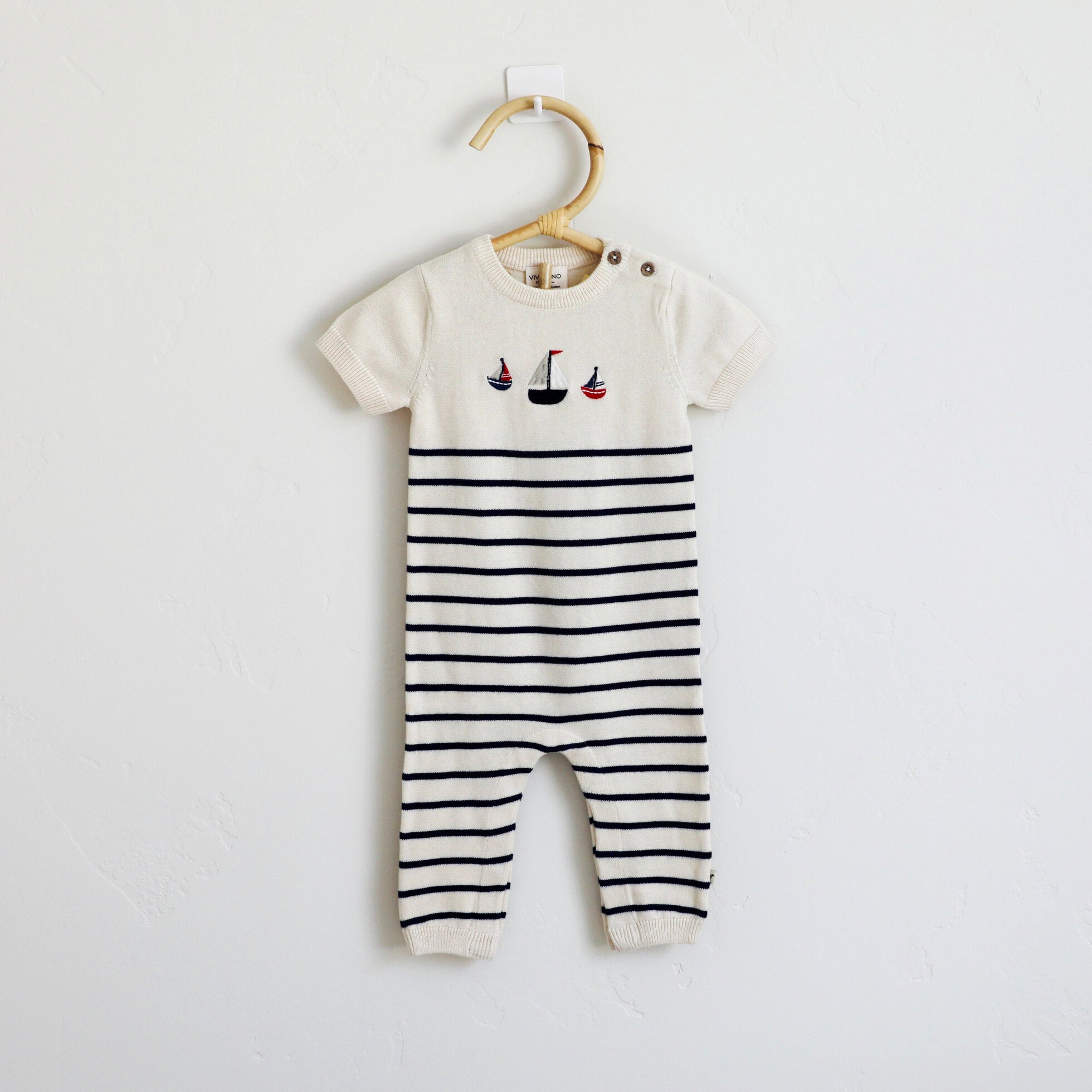 Sailboat Embroidered Knit Short Sleeve Baby Jumpsuit (Organic Cotton)