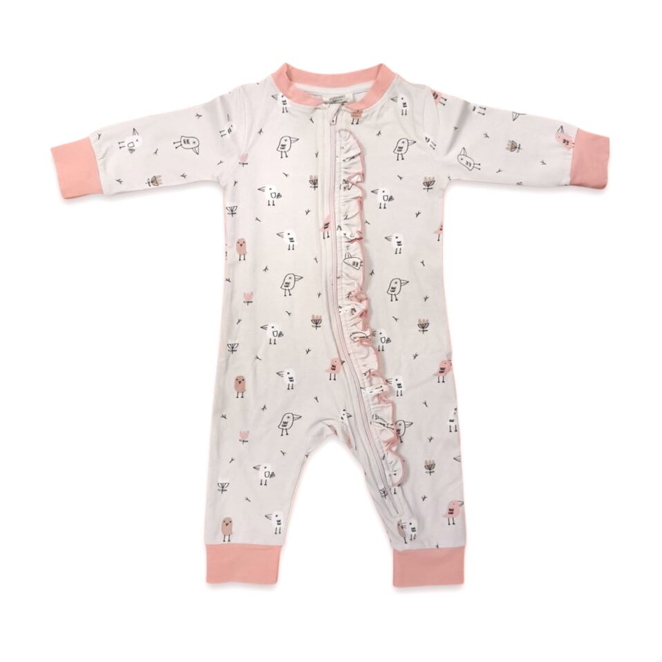 Birds Ruffle Zipper Baby Jumpsuit (Organic Jersey)