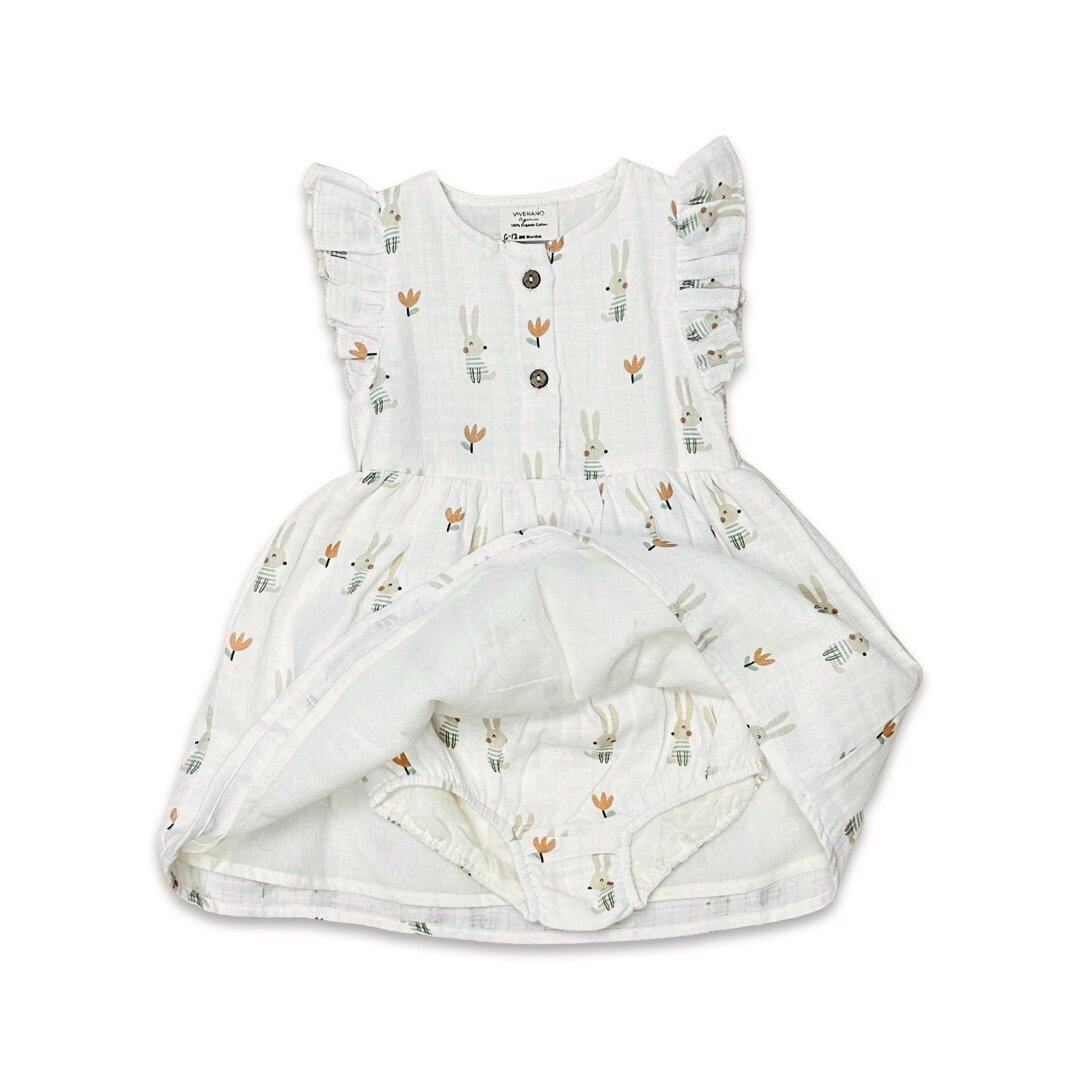 Bunny Ruffle & Button Flare Baby Dress+Bloomer (Organic Muslin)