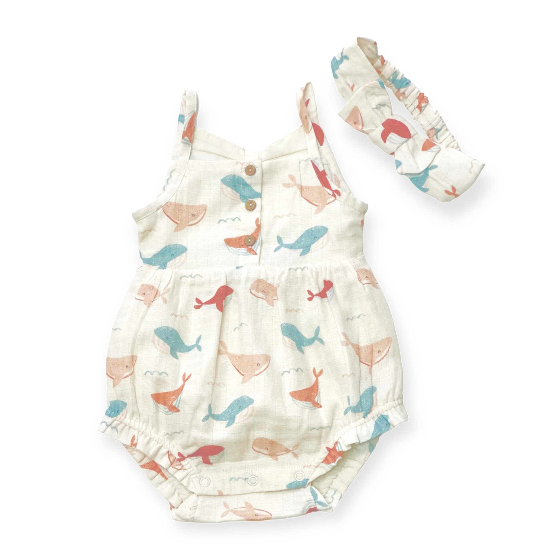 Whales Strap Baby Romper+Headband (Organic Muslin)