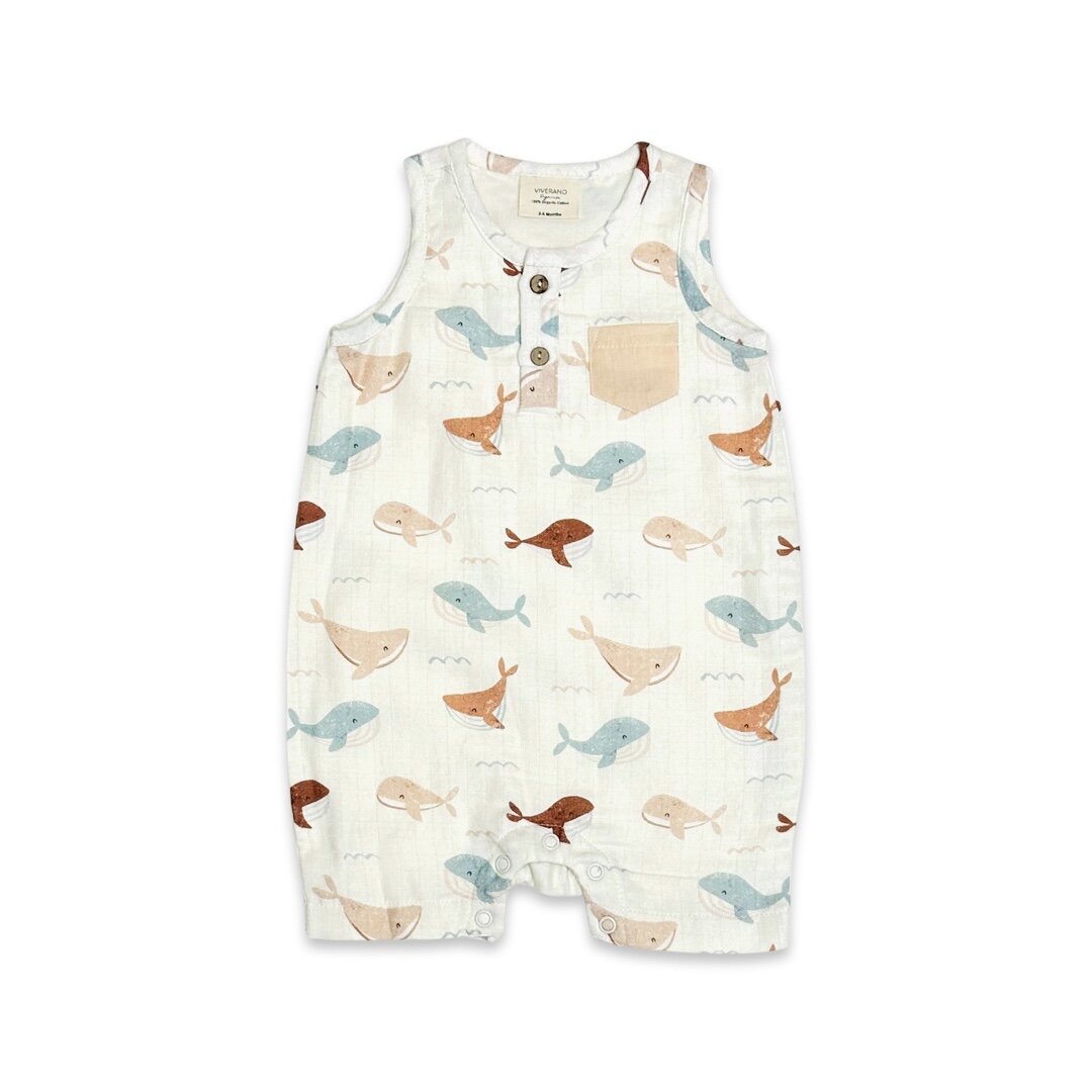 Whales Henley Baby Short Romper (Organic Muslin)