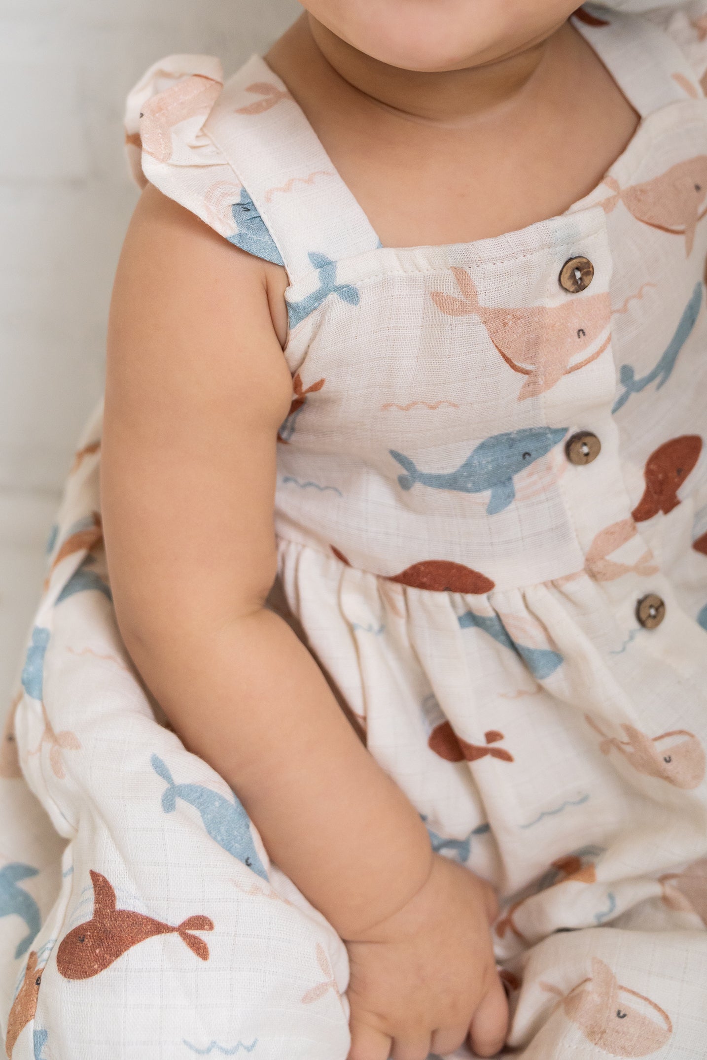 Whales Ruffle & Button Baby Dress+Bloomer (Organic Muslin)