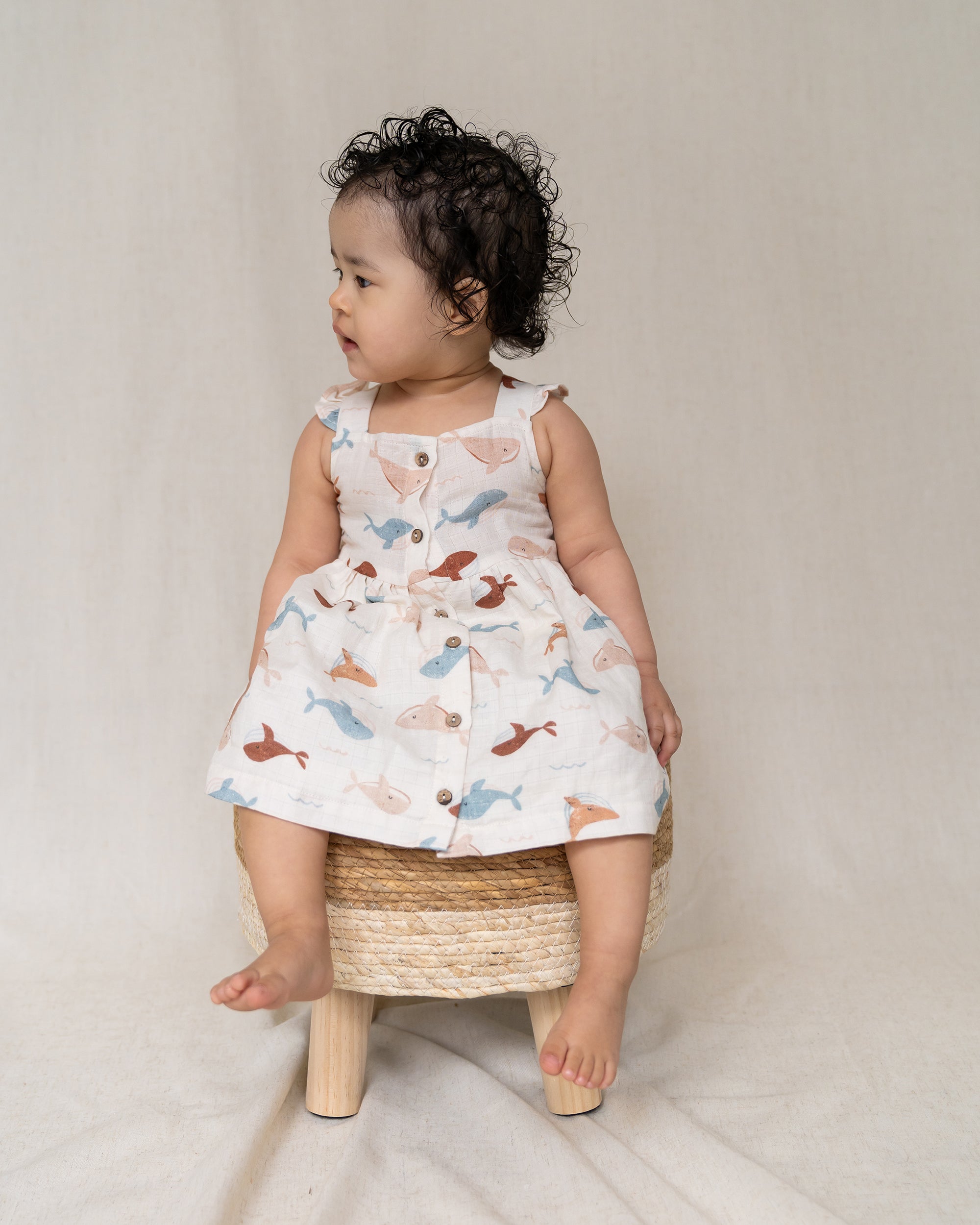 Whales Ruffle & Button Baby Dress+Bloomer (Organic Muslin)