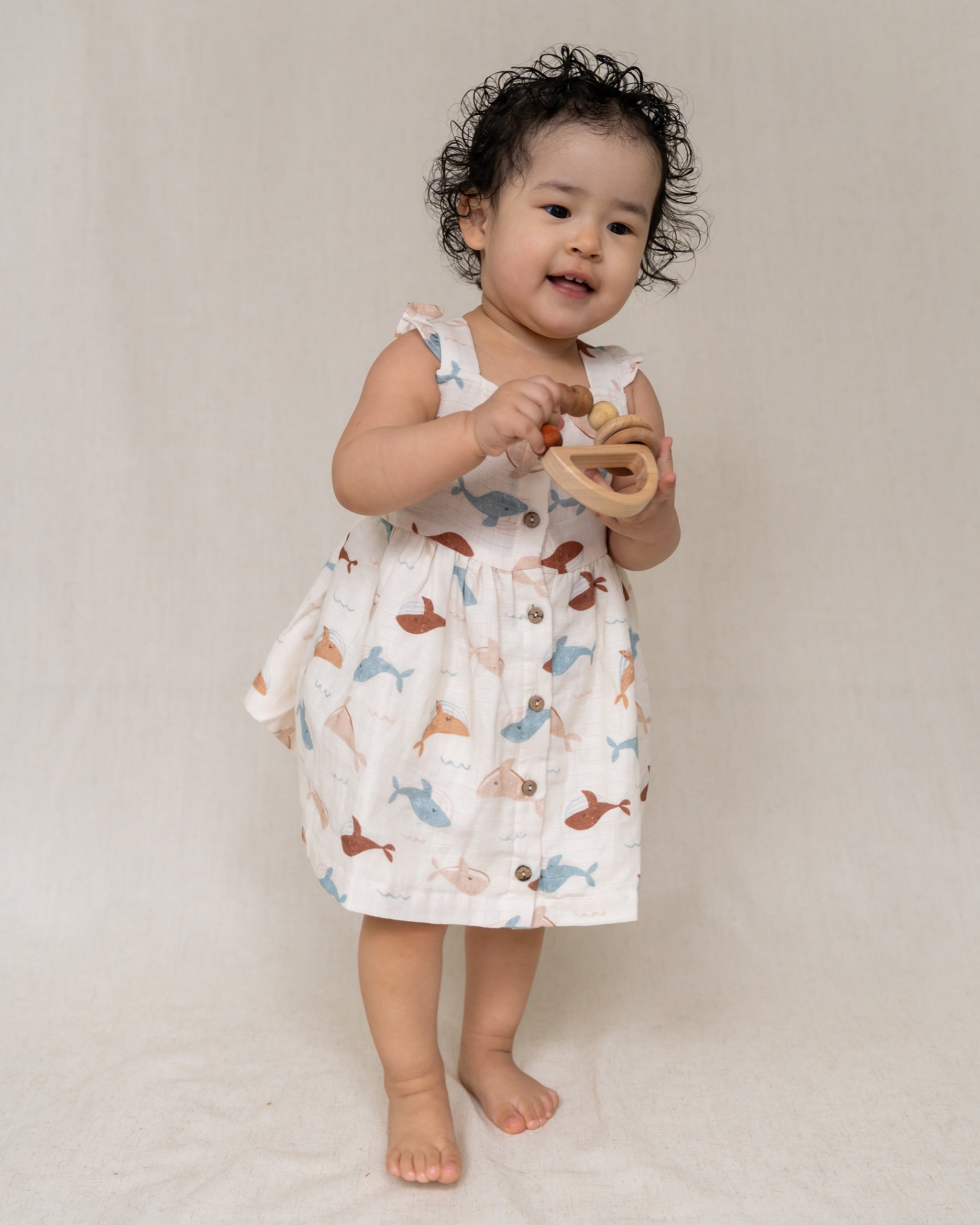 Whales Ruffle & Button Baby Dress+Bloomer (Organic Muslin)