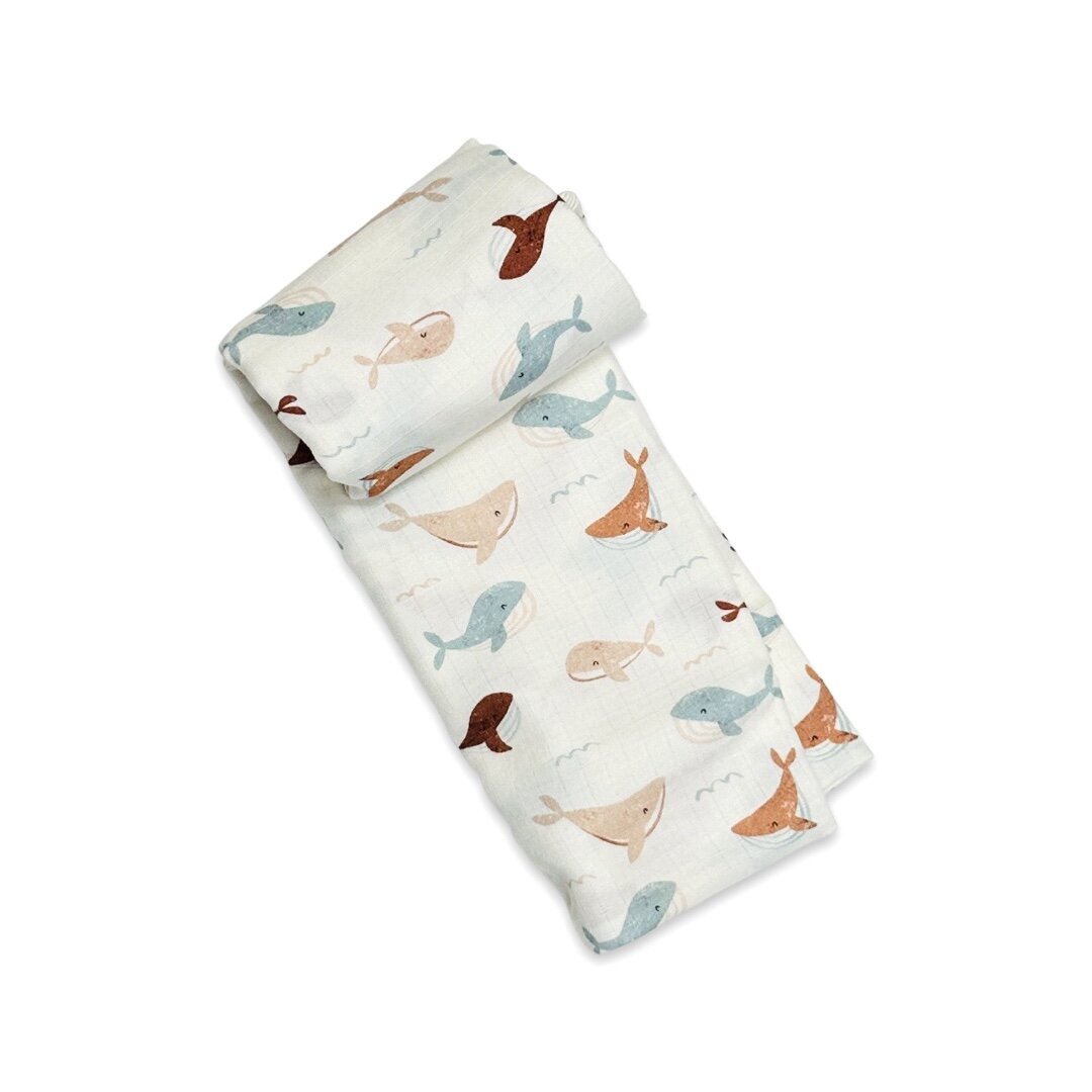 Whales Muslin Swaddle Baby Blanket (Organic Cotton)