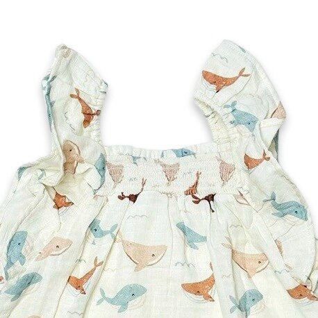 Whales Ruffle & Smocked Baby Dress+Bloomer Set (Organic Muslin)