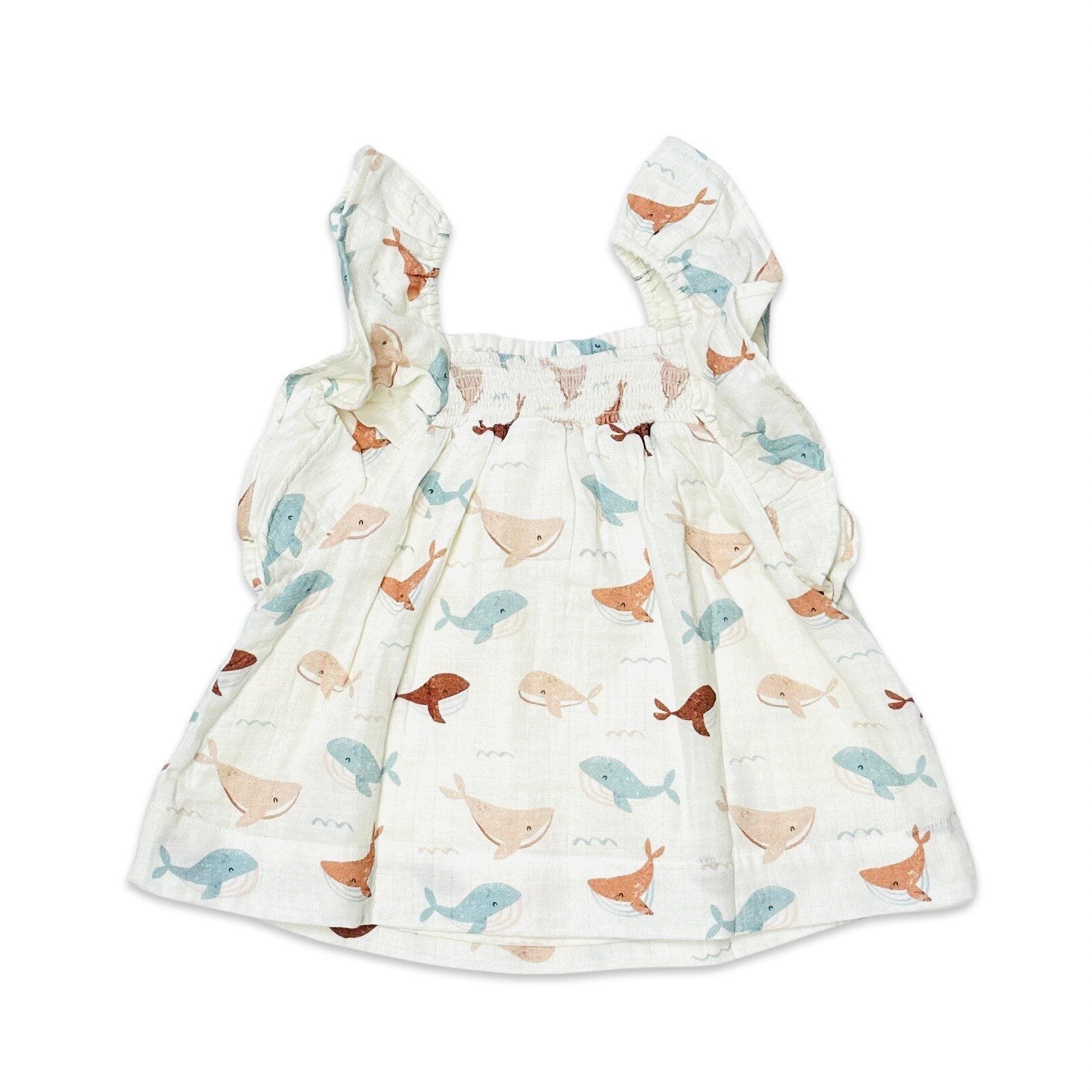 Whales Ruffle & Smocked Baby Dress+Bloomer Set (Organic Muslin)