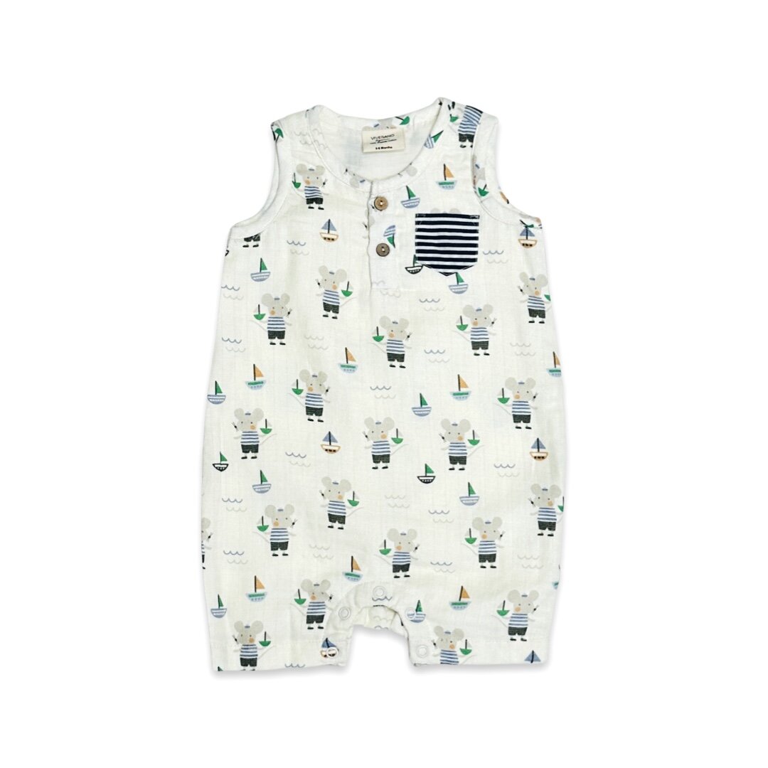 Mouse Sailor Henley Baby Short Romper (Organic Muslin)