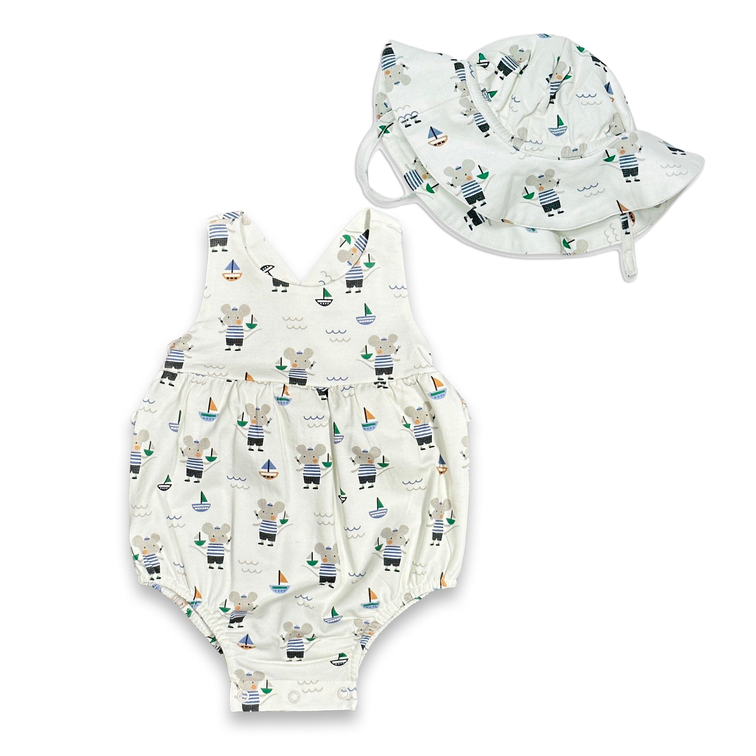 Sailor Mouse Cross Strap Ruffle Baby Romper+Sunhat (Organic Jersey)