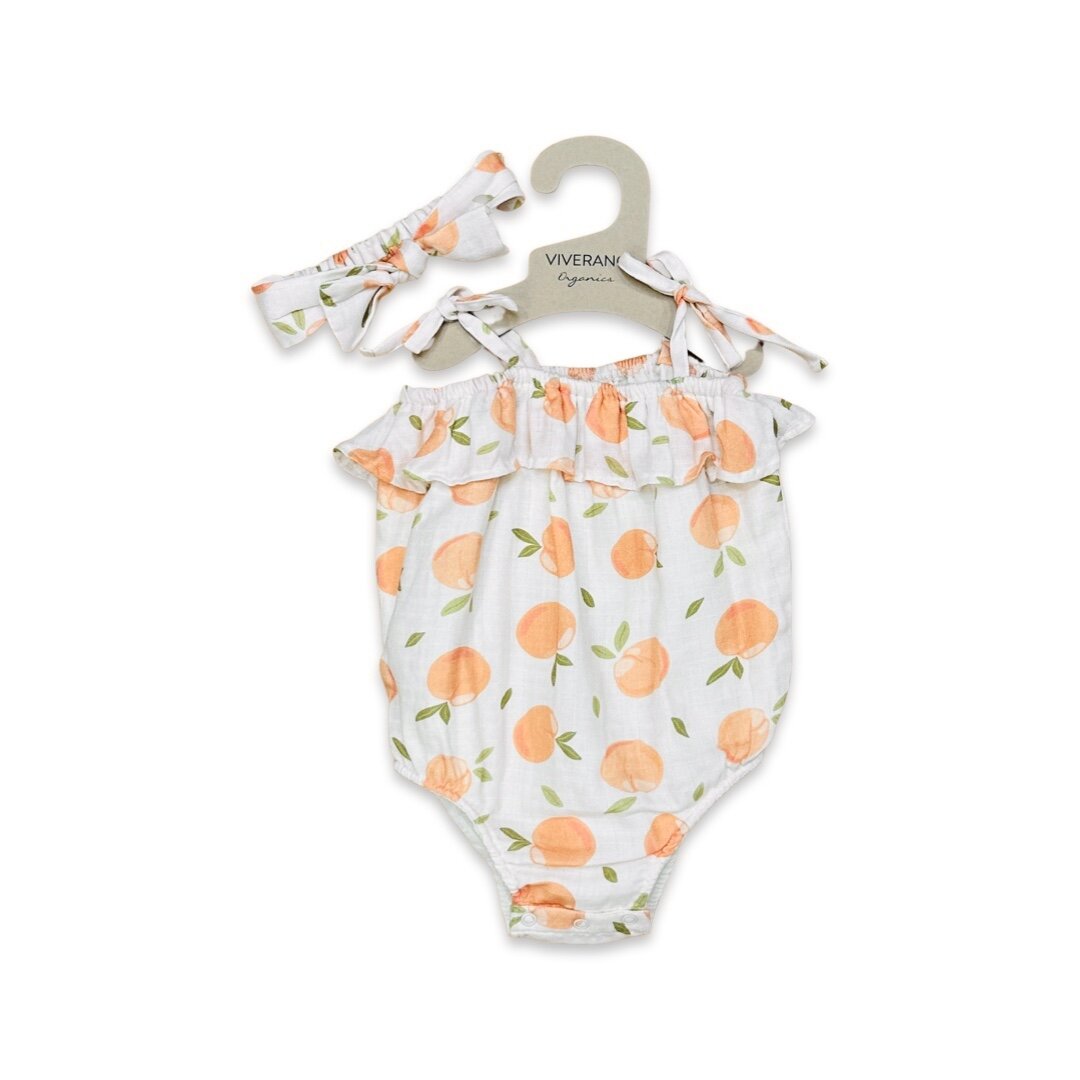 Peaches Shoulder Tie Bubble Romper+Headband (Organic Muslin)