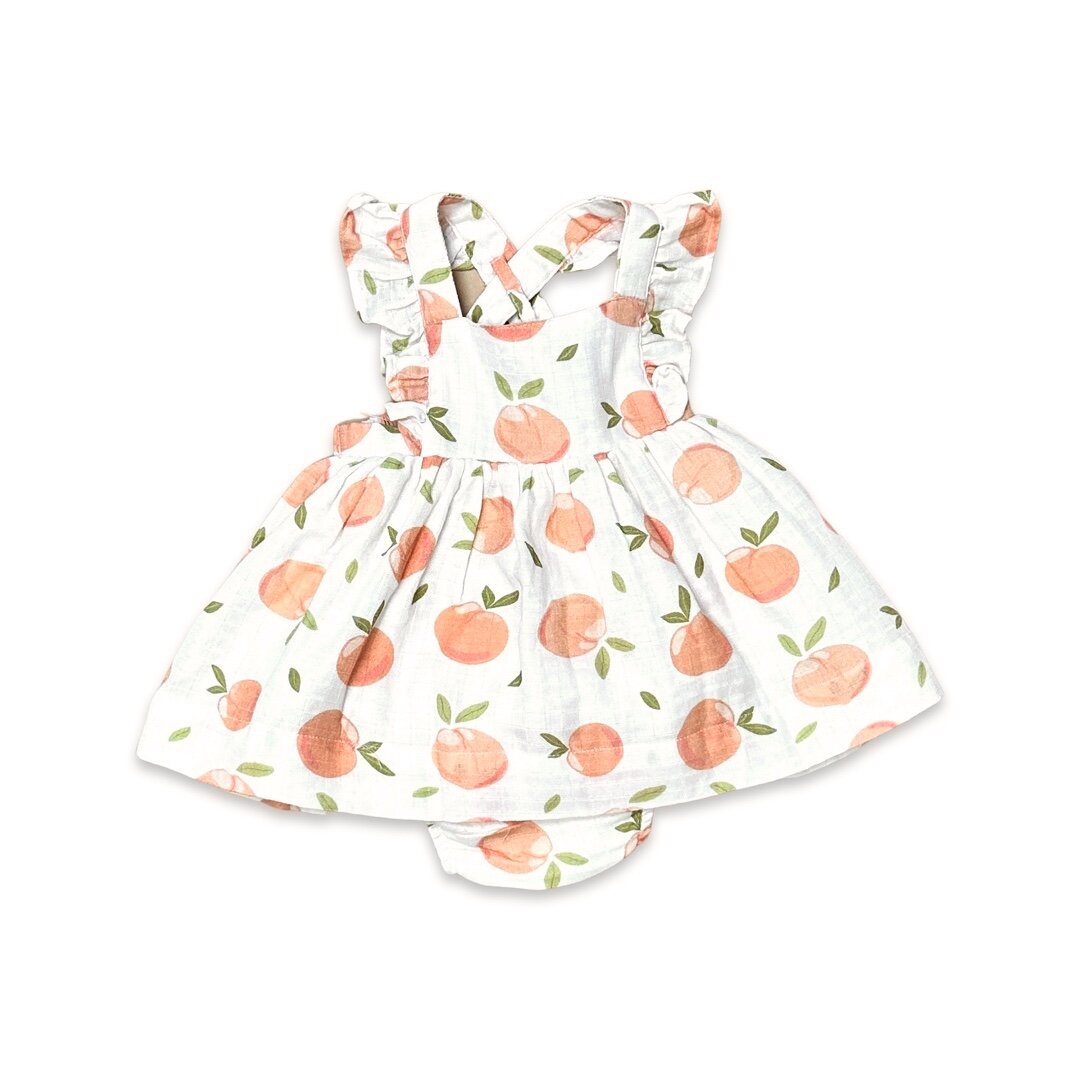 Peaches Ruffle Cross Back Flare Baby Dress+Bloomer (Organic Muslin)