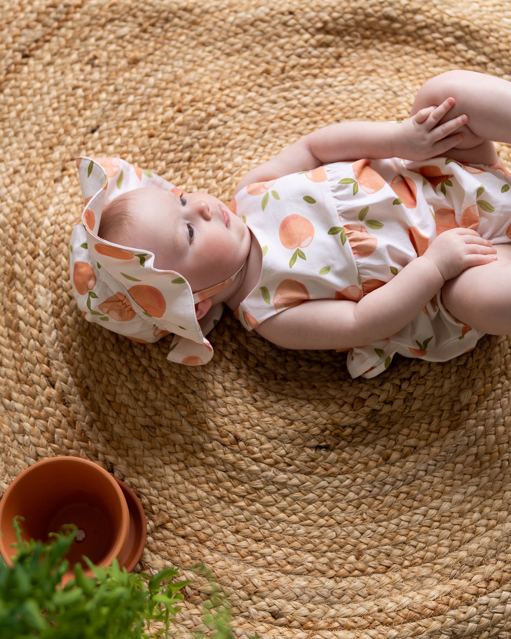 Peaches Cross Strap Ruffle Baby Romper + Sunhat (Organic Jersey)