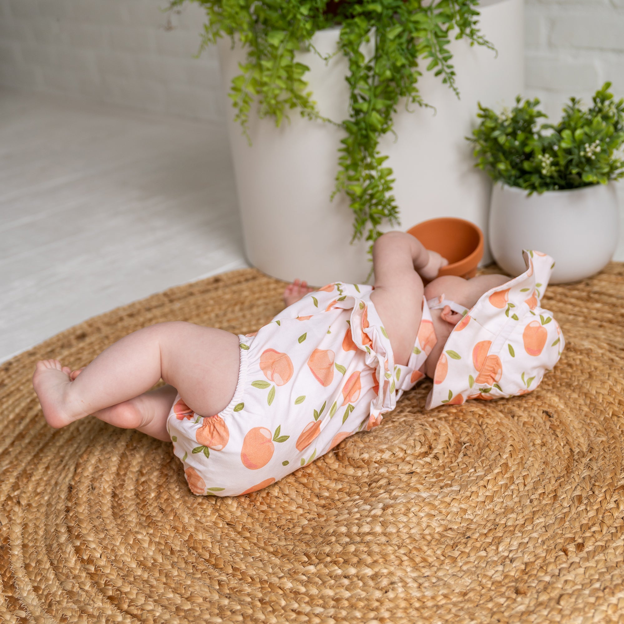 Peaches Cross Strap Ruffle Baby Romper + Sunhat (Organic Jersey)