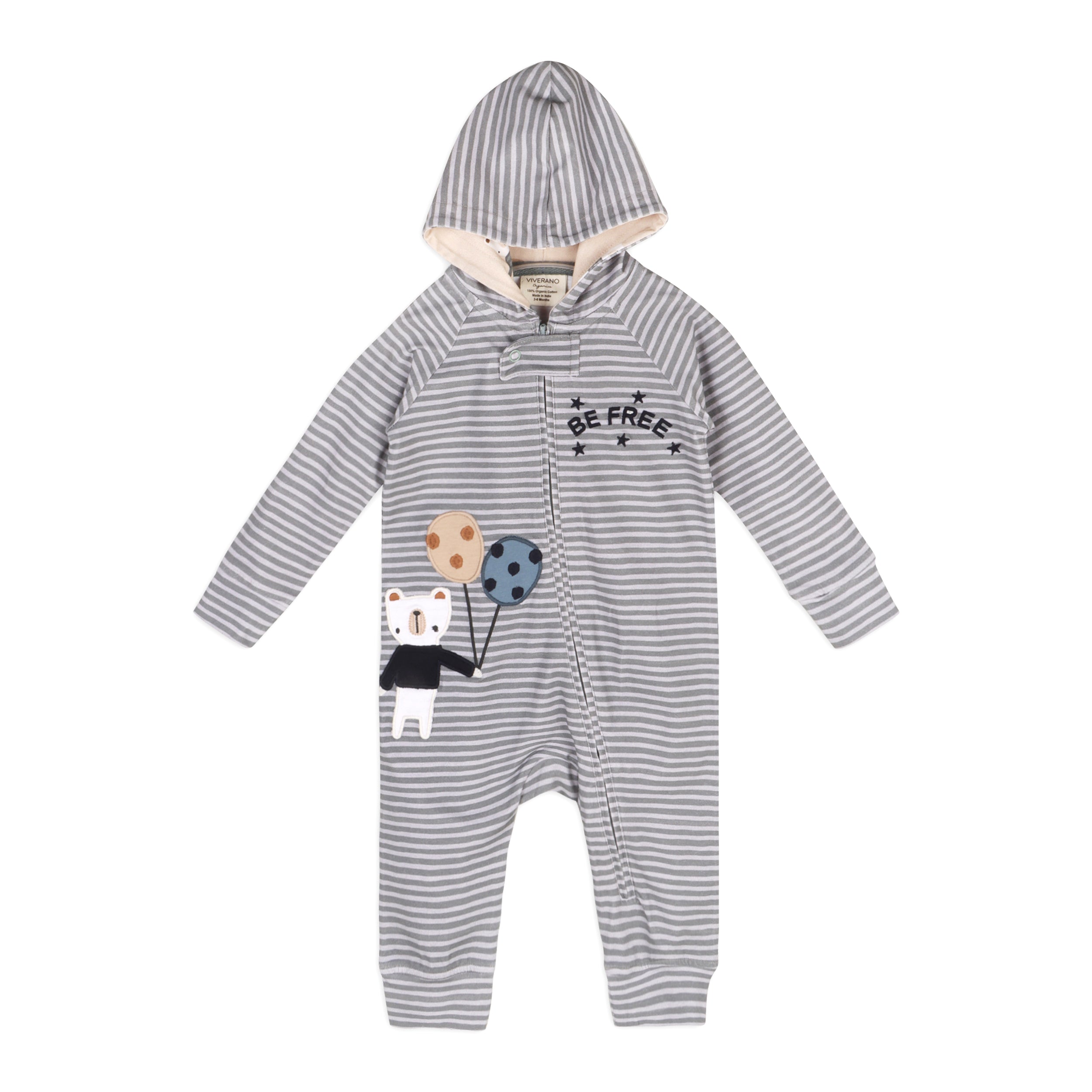 Be Free Balloon Bear Baby Hooded Zipper Jumpsuit (Organic Jersey)