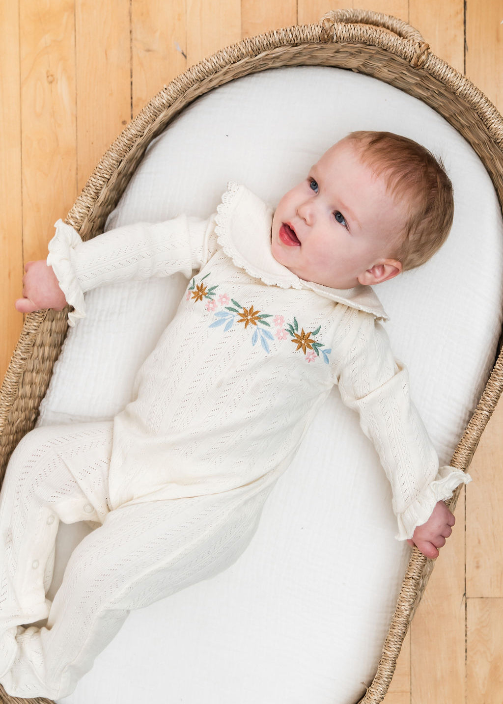 Floral Embroidered Pointelle & Ruffle Baby Footie Jumpsuit (Organic Jersey)