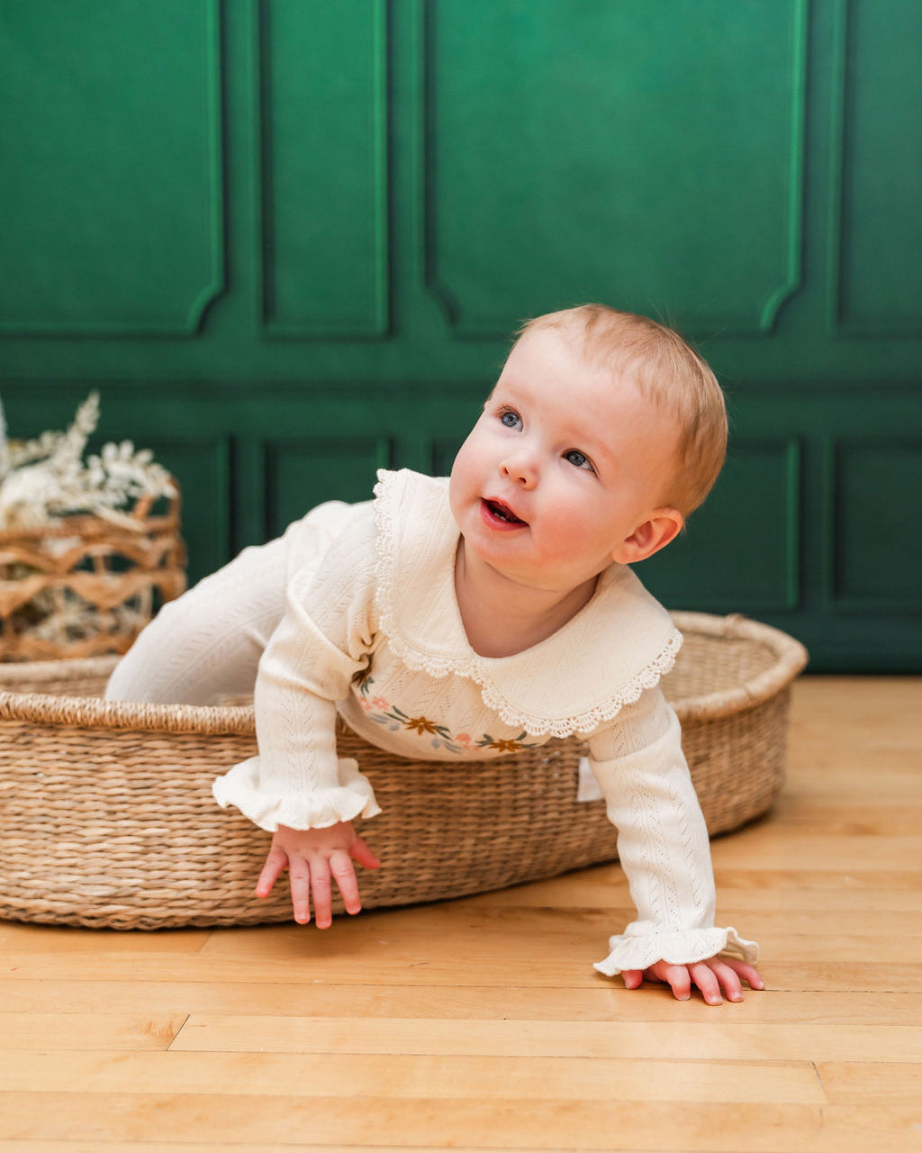 Floral Embroidered Pointelle & Ruffle Baby Footie Jumpsuit (Organic Jersey)