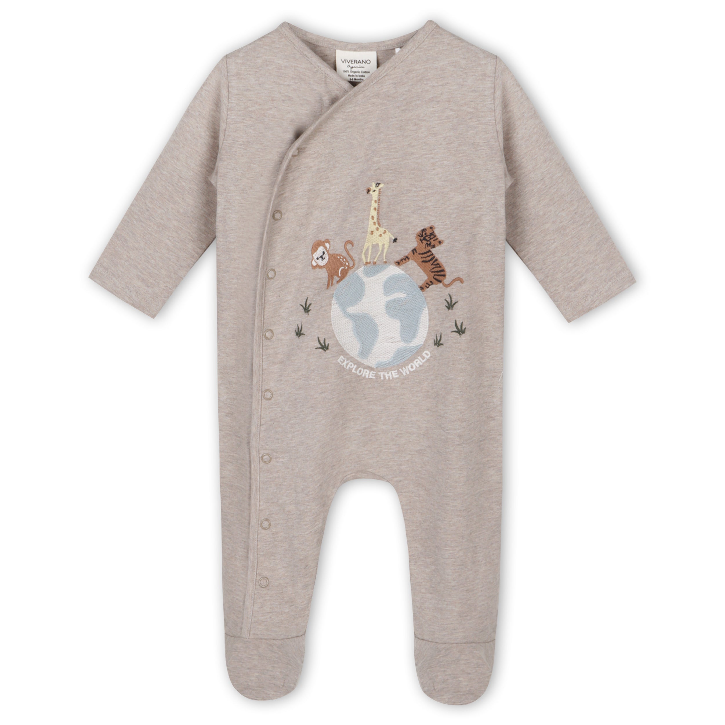 Animal Embroidered Baby Footed Kimono Jumpsuit (Organic Jersey)