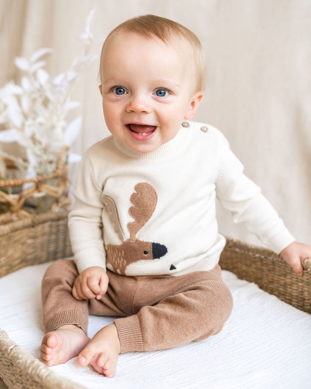 Moose Jacquard Knit Baby Pullover Sweater Organic Cotton