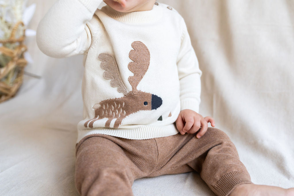 Moose Jacquard Knit Baby Pullover Sweater (Organic Cotton)