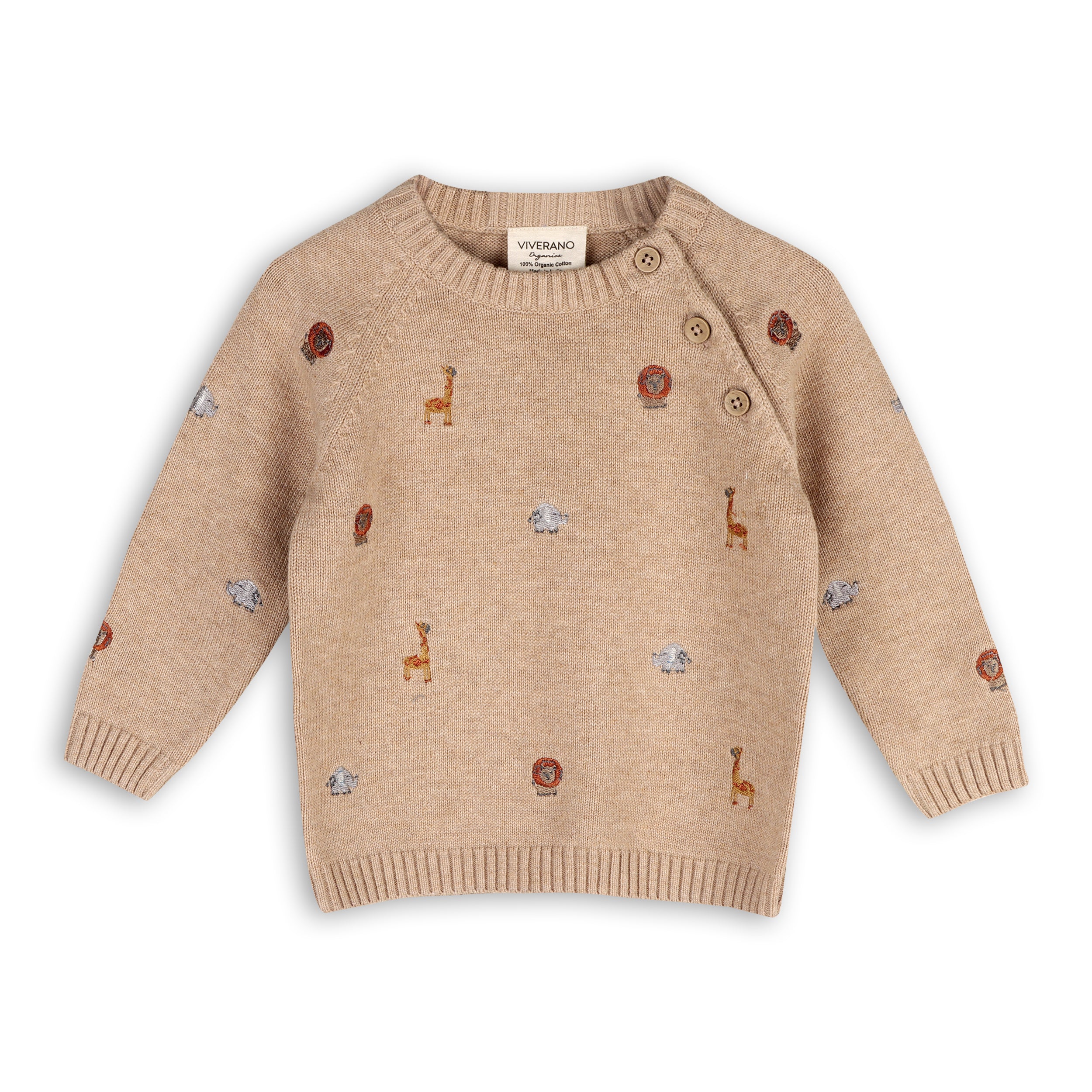 Mini Safari Animal Embroidered Raglan Baby Pullover Sweater (Organic Cotton)