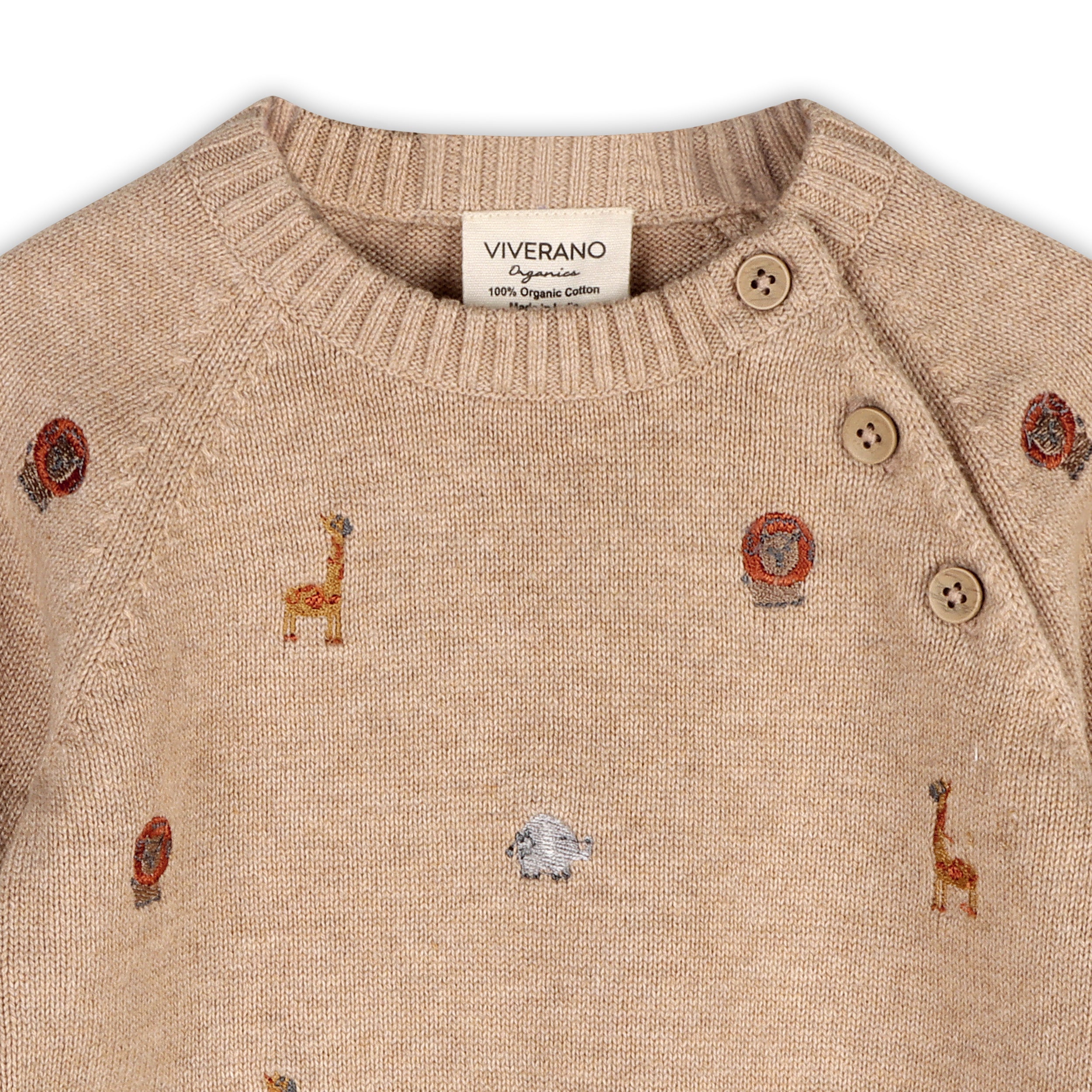 Mini Safari Animal Embroidered Raglan Baby Pullover Sweater (Organic Cotton)