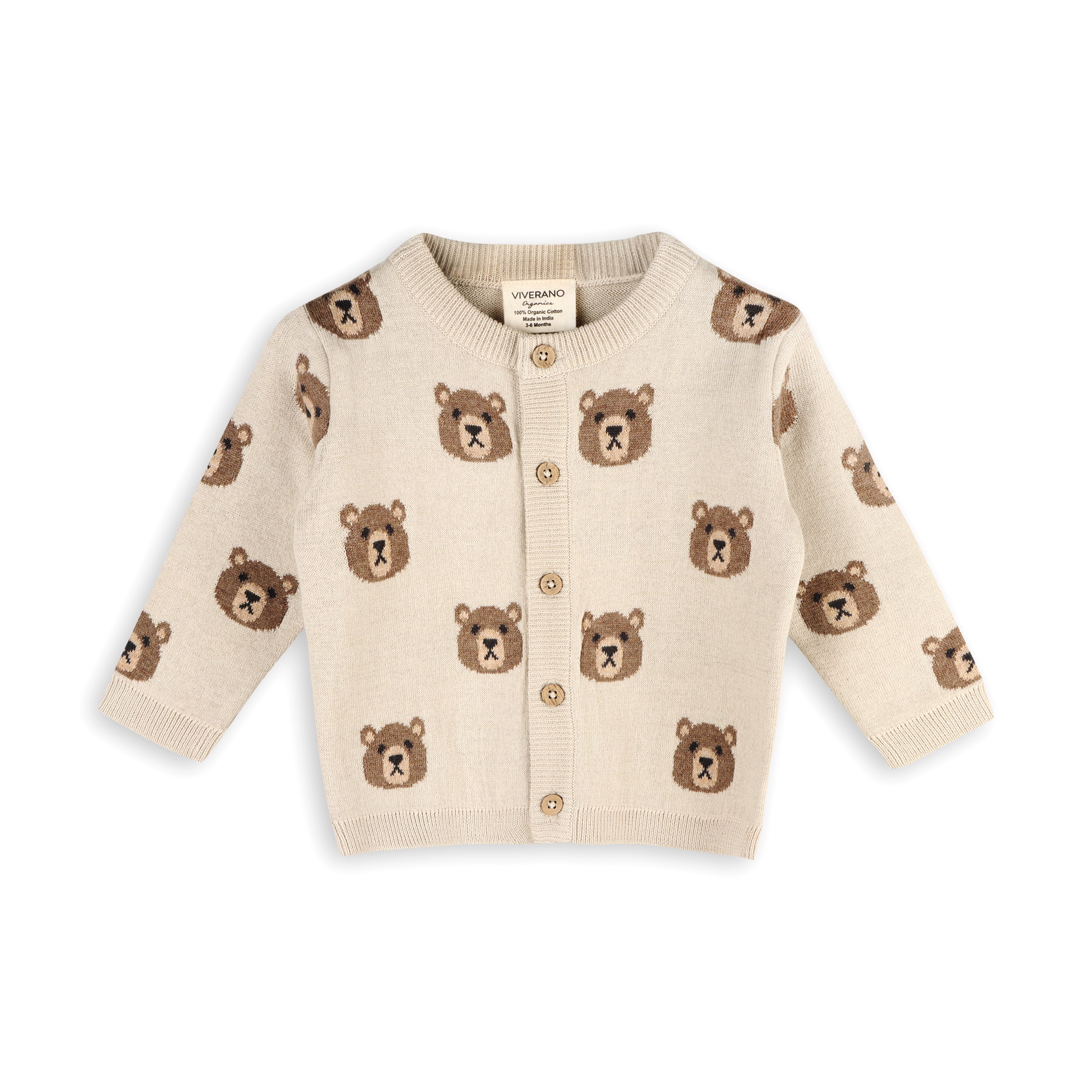 Viverano Organics Brown Bear Jacquard Baby Cardigan Stone 18 24M