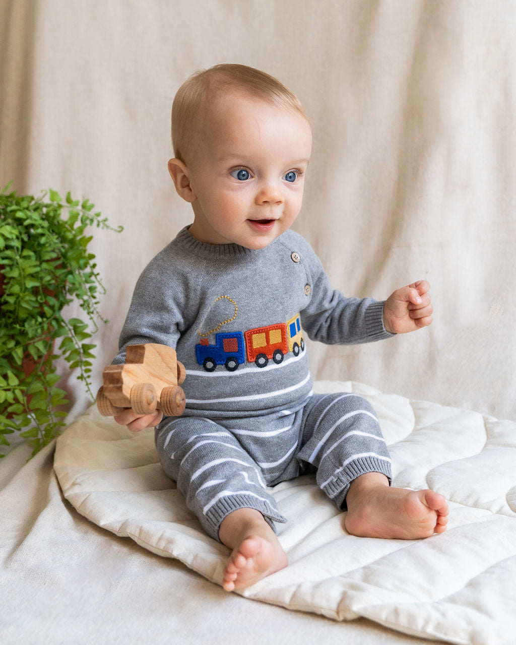 Train Applique Sweater Knit Baby Jumpsuit (Organic Cotton)